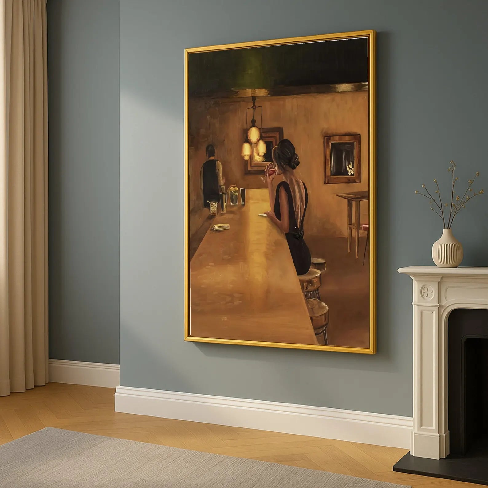 Elegant Woman at Bar Canvas, Vintage Style Wall Art, Retro Cocktail Scene, Moody Interior Canvas, Home Bar Decoration, Ready to Hang,