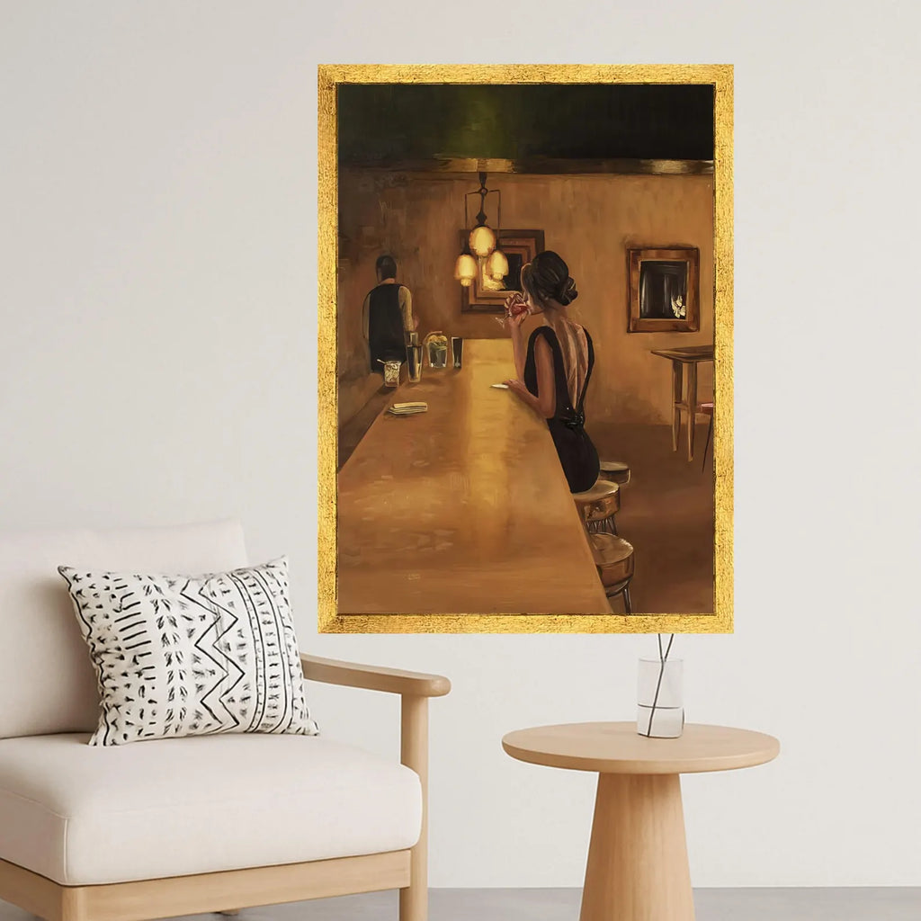 Elegant Woman at Bar Canvas, Vintage Style Wall Art, Retro Cocktail Scene, Moody Interior Canvas, Home Bar Decoration, Ready to Hang,
