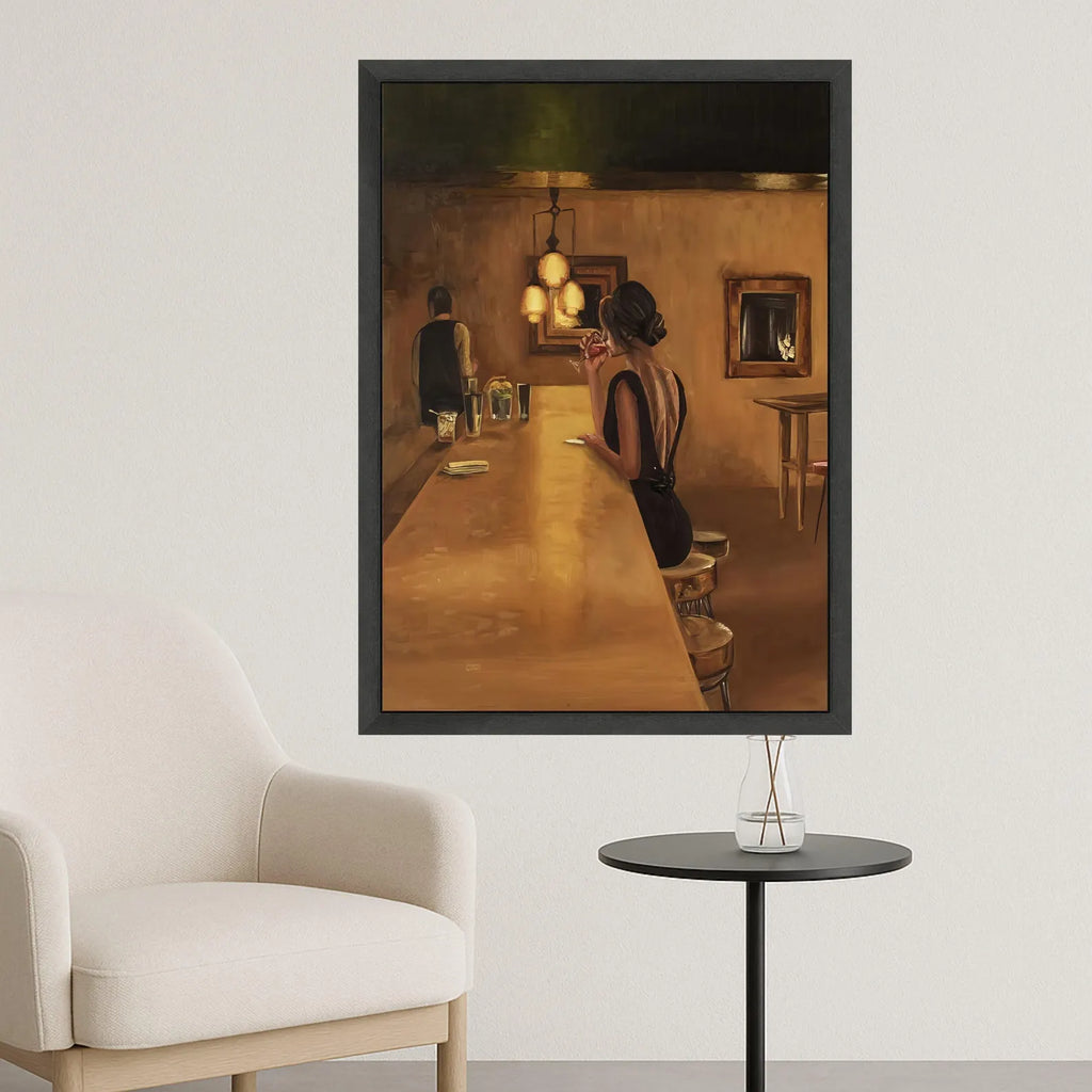 Elegant Woman at Bar Canvas, Vintage Style Wall Art, Retro Cocktail Scene, Moody Interior Canvas, Home Bar Decoration, Ready to Hang,