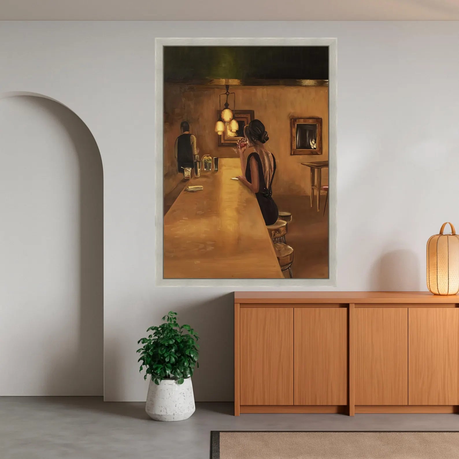 Elegant Woman at Bar Canvas, Vintage Style Wall Art, Retro Cocktail Scene, Moody Interior Canvas, Home Bar Decoration, Ready to Hang,