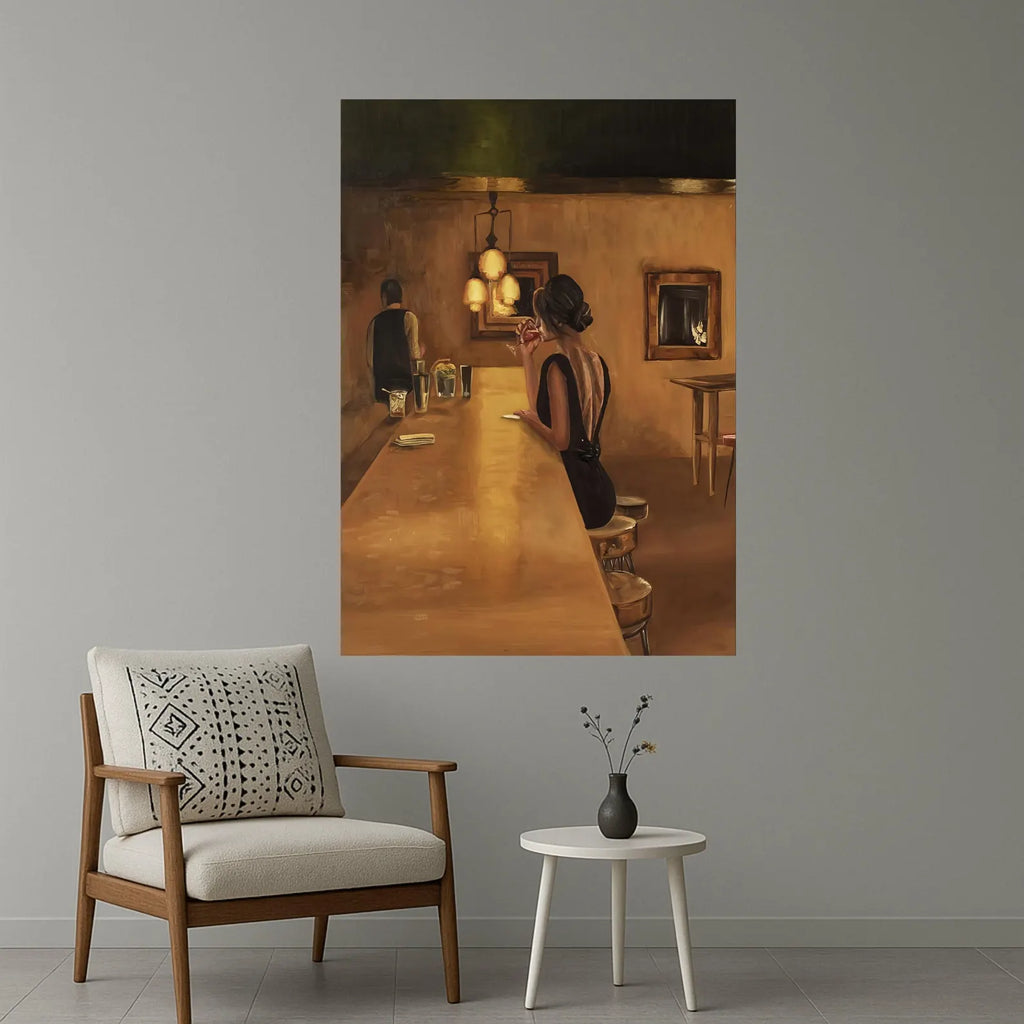 Elegant Woman at Bar Canvas, Vintage Style Wall Art, Retro Cocktail Scene, Moody Interior Canvas, Home Bar Decoration, Ready to Hang,