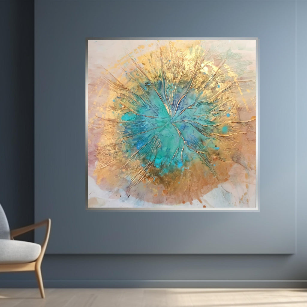 Abstract Burst Canvas, Turquoise Gold Abstract Art, Fluid Art Canvas, Wall Art Canvas Design, Ready to Hang Decoration