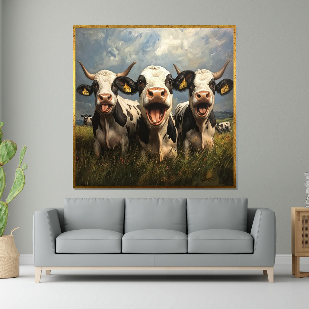 Joyful Cows Canvas, Farm Animal Art, Laughing Cows Painting, Wall Art Canvas Design, Rustic Decor, Ready to Hang Pastoral Scene