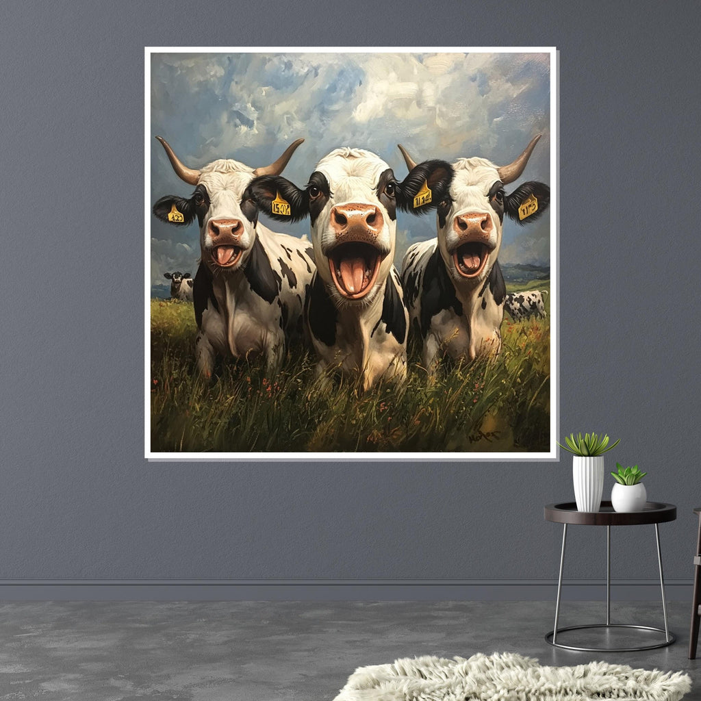 Joyful Cows Canvas, Farm Animal Art, Laughing Cows Painting, Wall Art Canvas Design, Rustic Decor, Ready to Hang Pastoral Scene