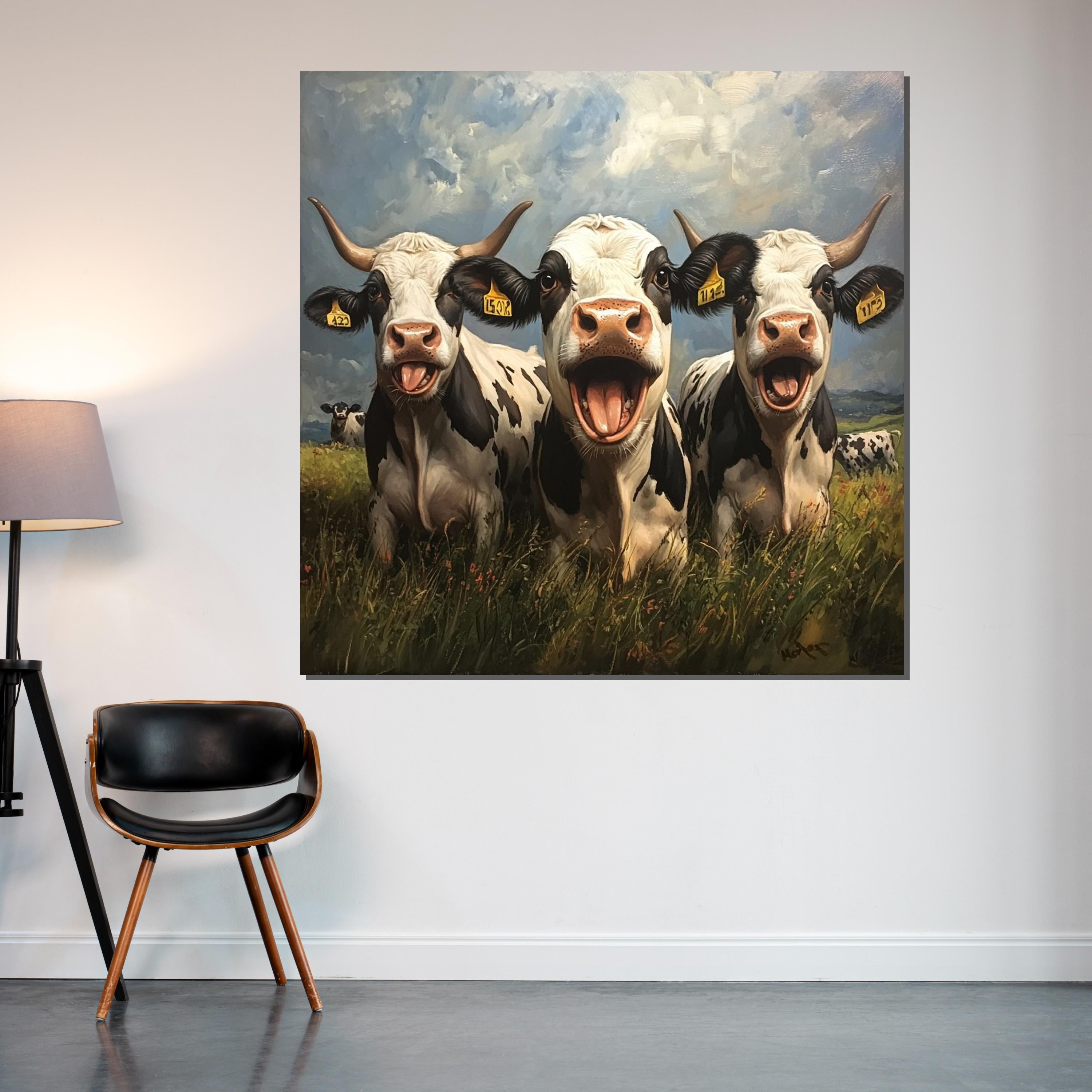 Joyful Cows Canvas, Farm Animal Art, Laughing Cows Painting, Wall Art Canvas Design, Rustic Decor, Ready to Hang Pastoral Scene