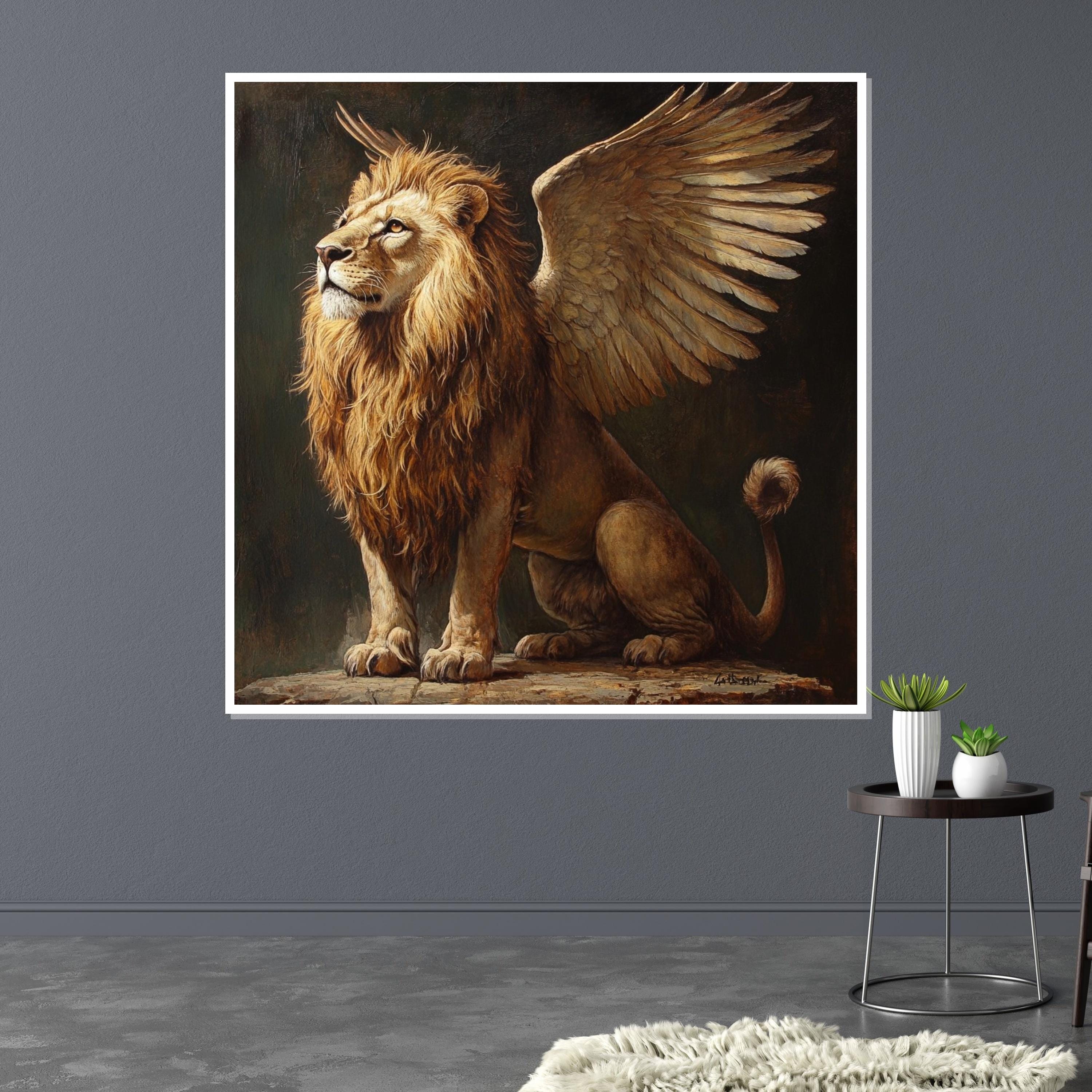 Majestic Winged Lion Canvas, Lion with Wings Art, Mythical Creature Poster, Wall Art Canvas Design, Ready To Hang Decoration