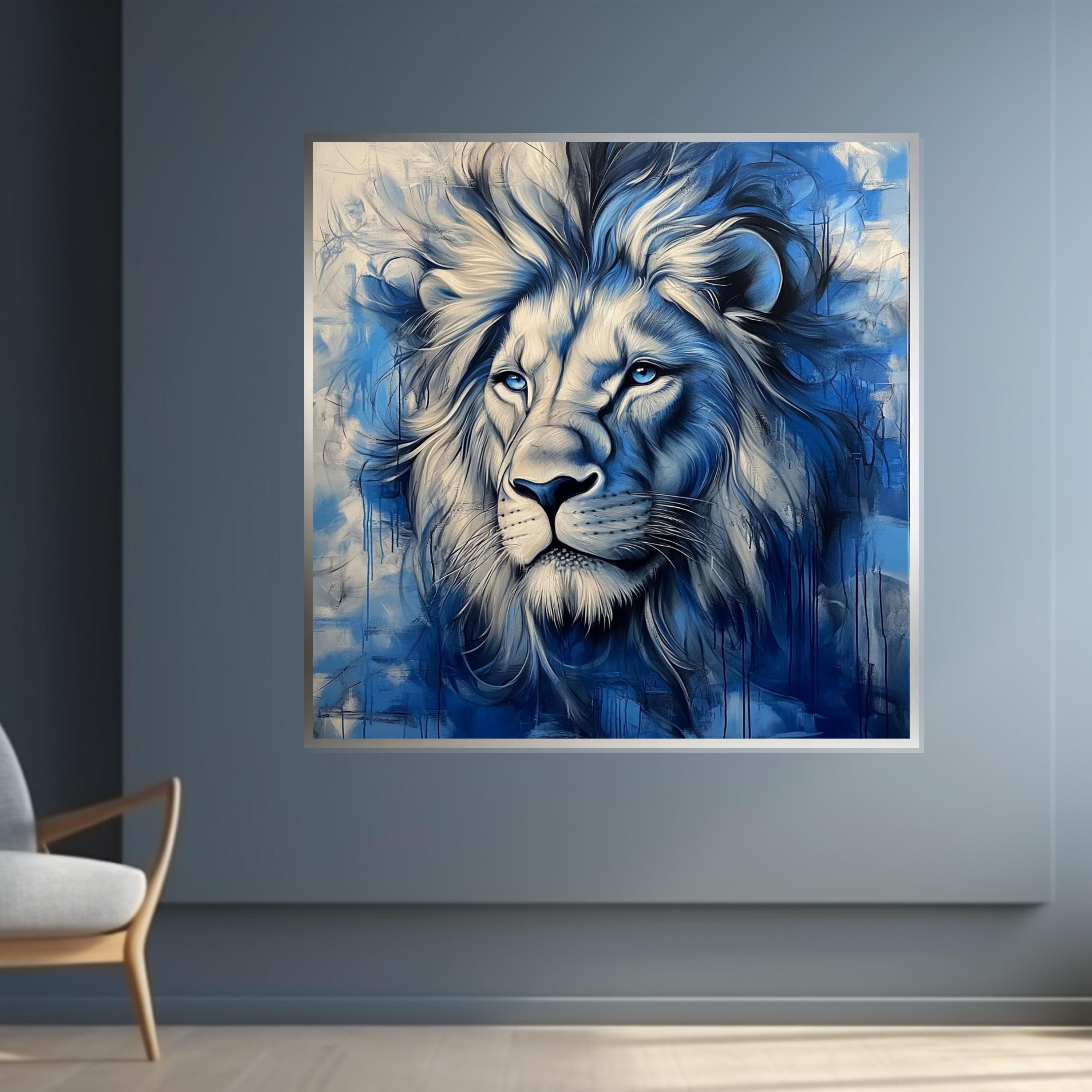Majestic Blue Lion Canvas, Regal Animal Wall Art, Blue Lion Wall Print, Wildlife Poster, Wall Art Canvas Design, Ready to Hang