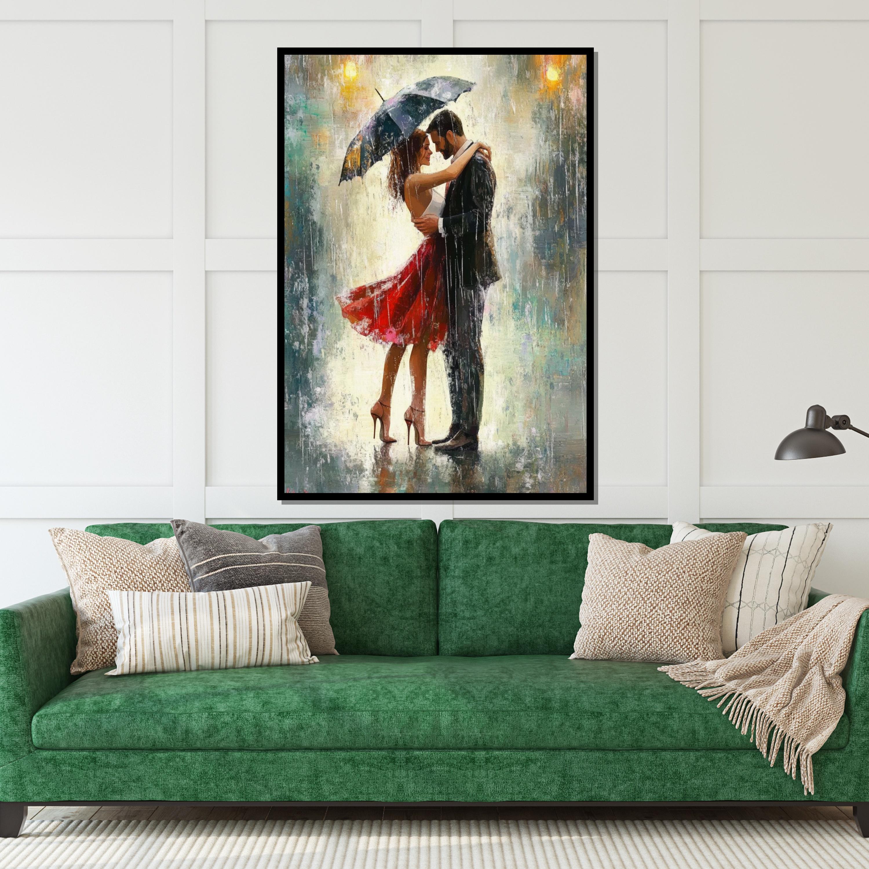 Lovers in the Rain Canvas, Romantic Couple Art, Umbrella Dance Print, Wall Art Canvas Design, Ready to Hang Decoration