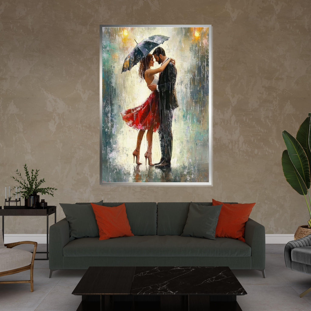 Lovers in the Rain Canvas, Romantic Couple Art, Umbrella Dance Print, Wall Art Canvas Design, Ready to Hang Decoration