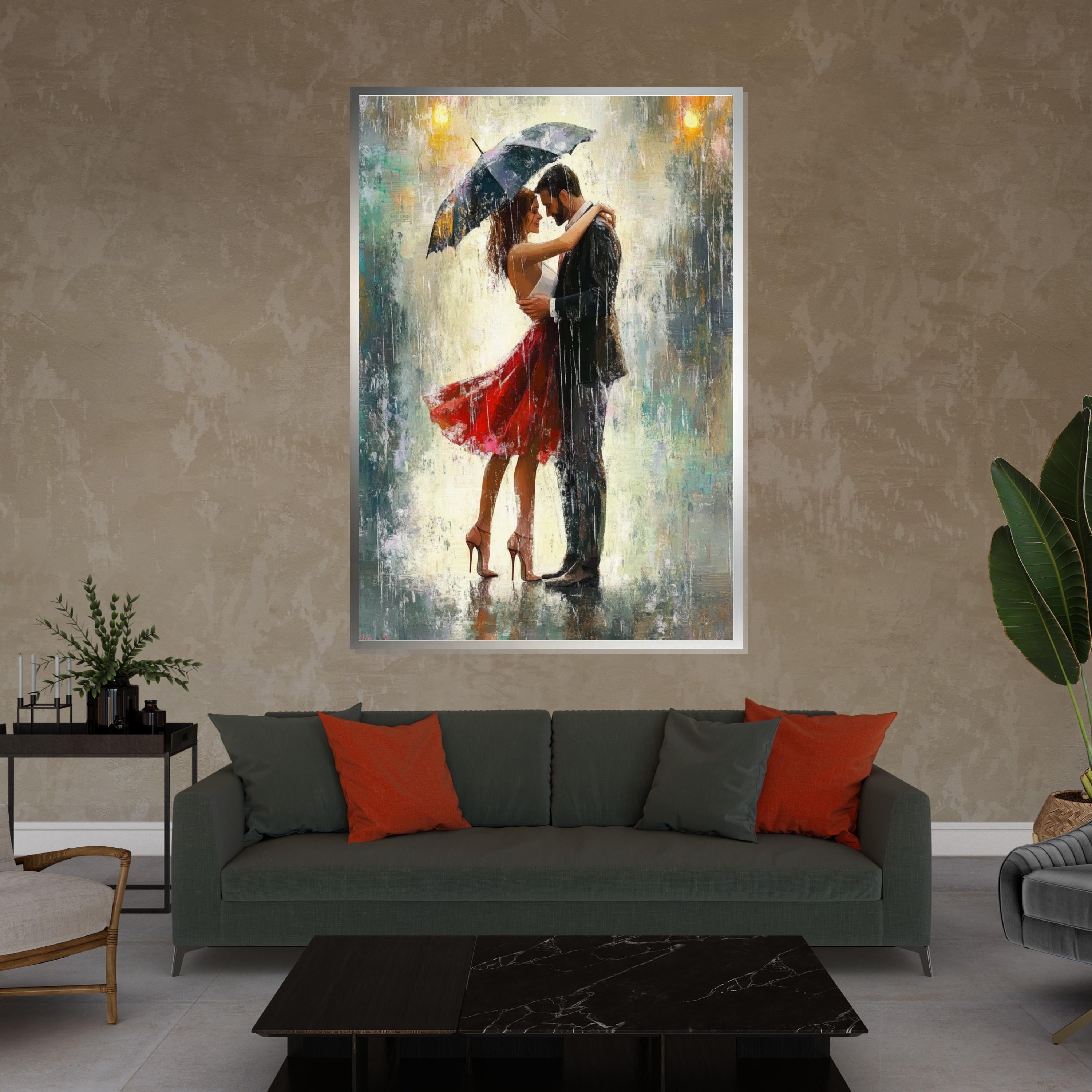 Lovers in the Rain Canvas, Romantic Couple Art, Umbrella Dance Print, Wall Art Canvas Design, Ready to Hang Decoration