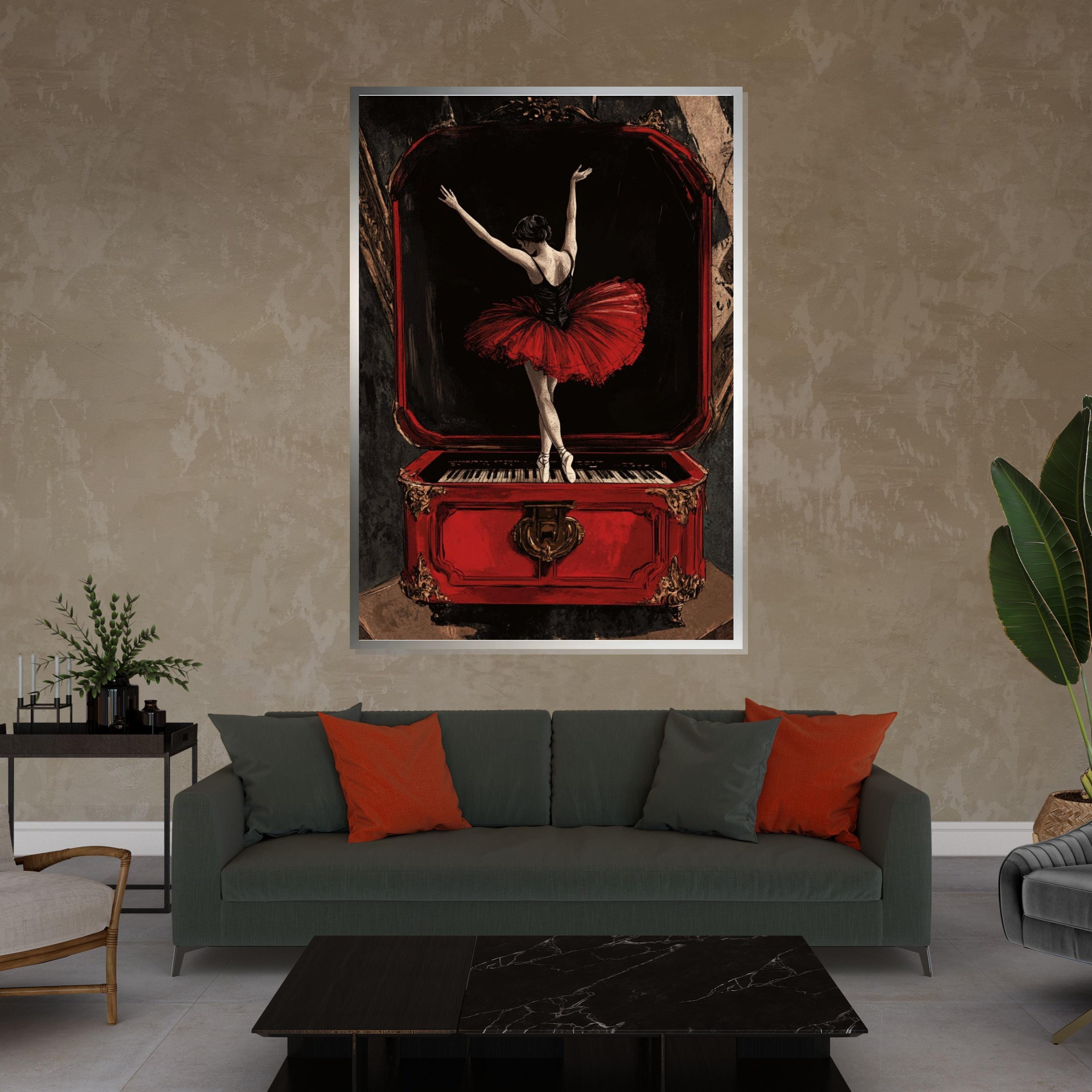 Ballerina Music Box Canvas, Red Dress Ballet Art, Elegant Wall Art, Dancer Print, Classic Style Decor, Wall Art Canvas Design, Ready to Hang