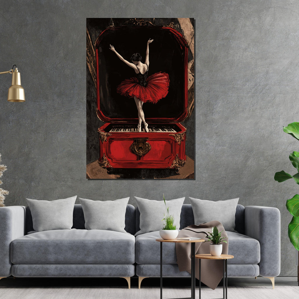 Ballerina Music Box Canvas, Red Dress Ballet Art, Elegant Wall Art, Dancer Print, Classic Style Decor, Wall Art Canvas Design, Ready to Hang