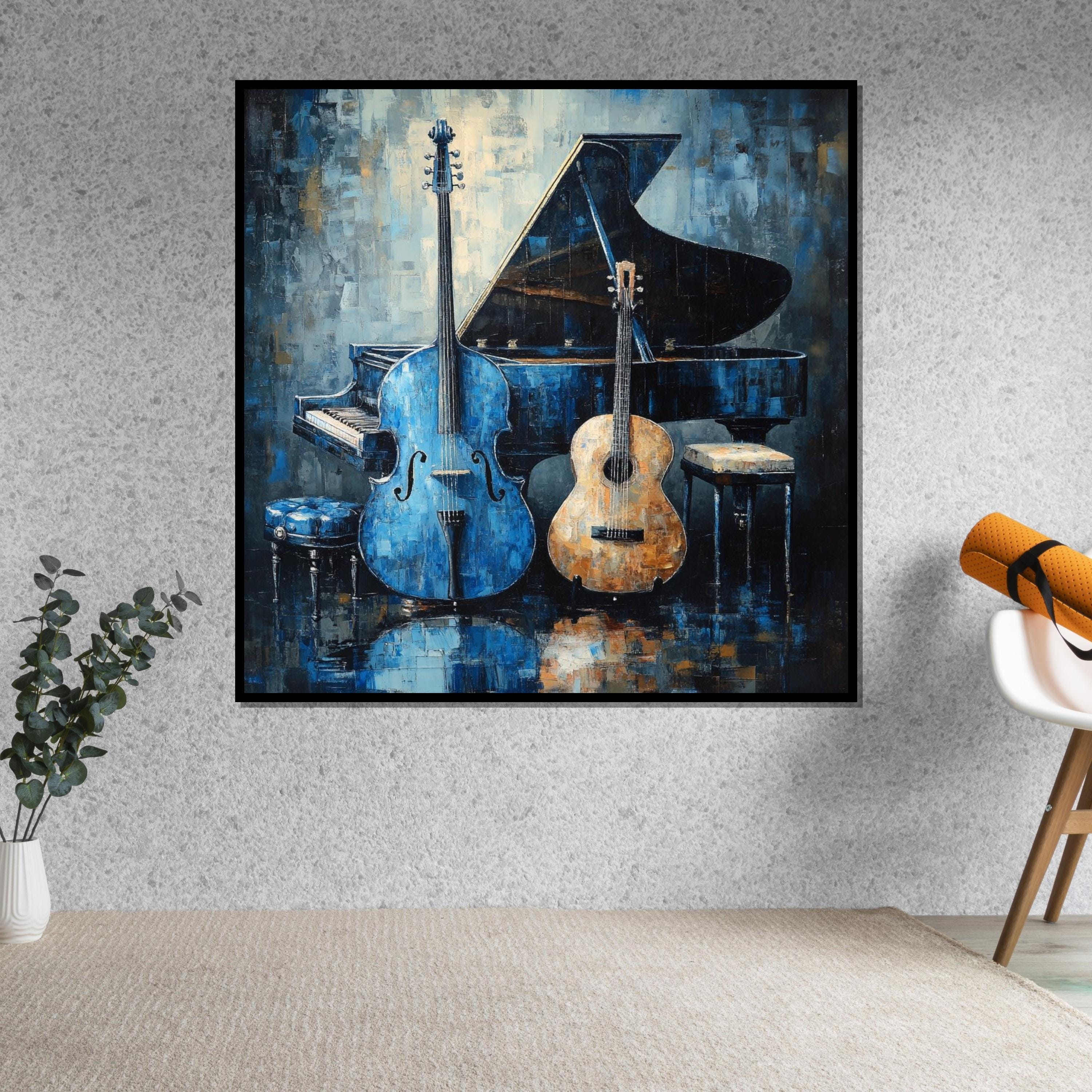 Musical Harmony Canvas, Blue Cello Art, Acoustic Guitar  Piano Wall Print, Music Instrument Poster, Wall Art Canvas Design, Ready to Hang