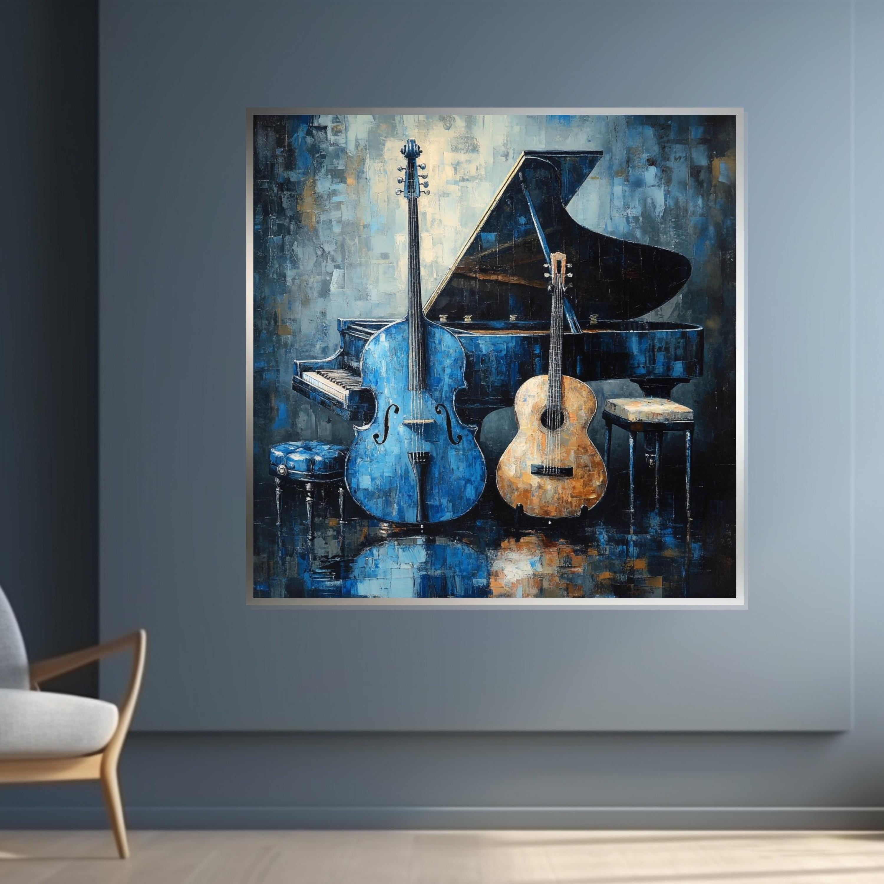 Musical Harmony Canvas, Blue Cello Art, Acoustic Guitar  Piano Wall Print, Music Instrument Poster, Wall Art Canvas Design, Ready to Hang