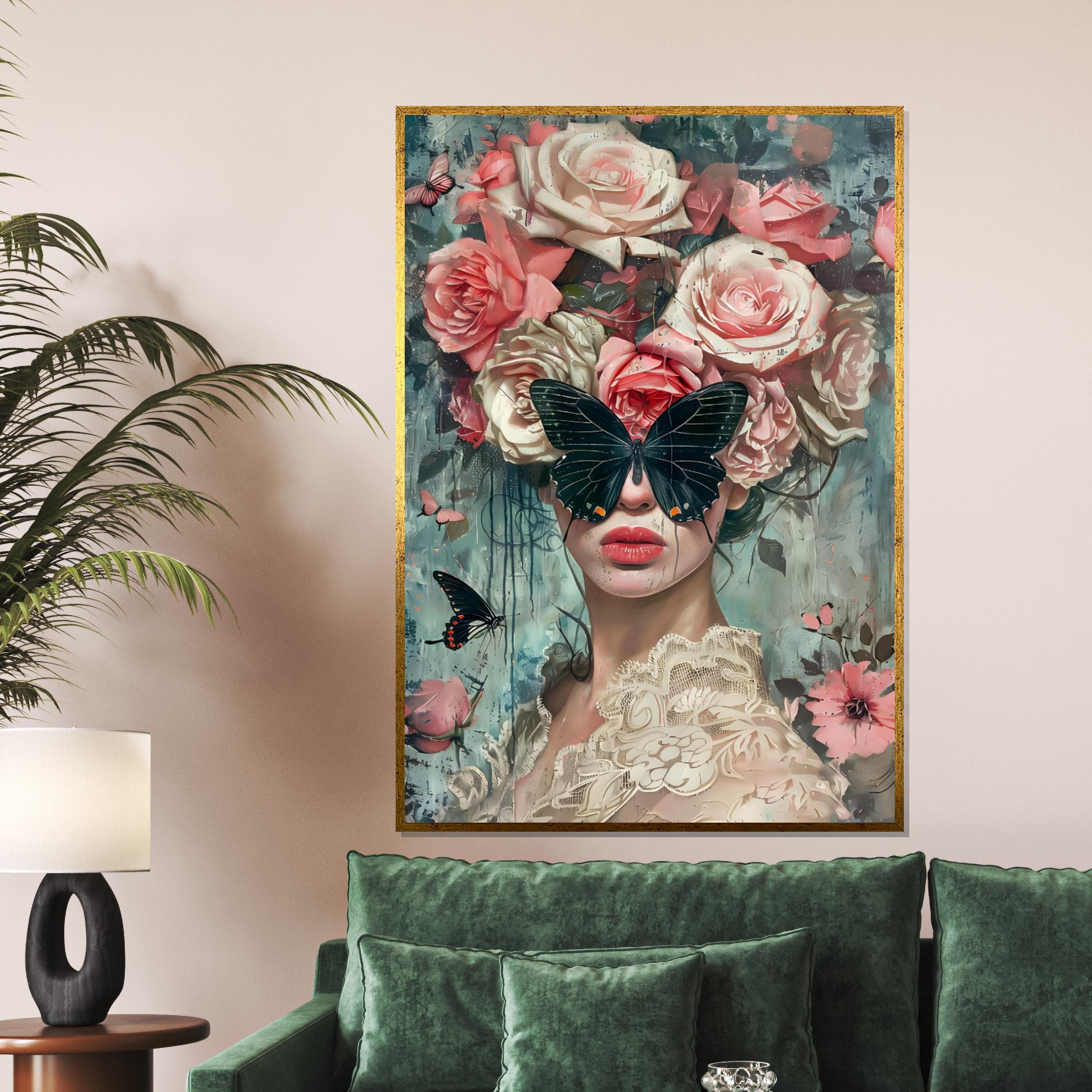 Butterfly Garden Muse, Floral Art, Face Hidden by Butterfly, Modern Art Canvas, Wall Decor, Framed Canvas, Ready to Hang Decoration