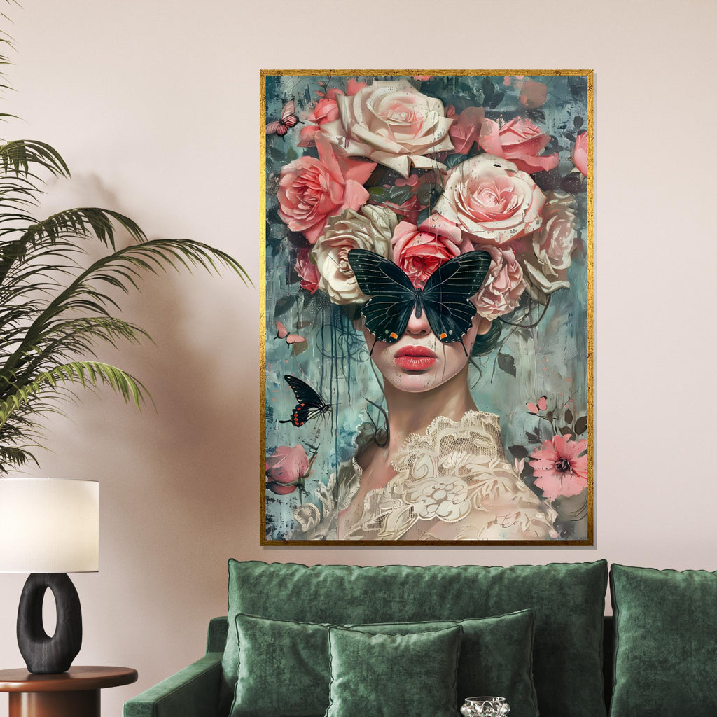 Butterfly Garden Muse, Floral Art, Face Hidden by Butterfly, Modern Art Canvas, Wall Decor, Framed Canvas, Ready to Hang Decoration