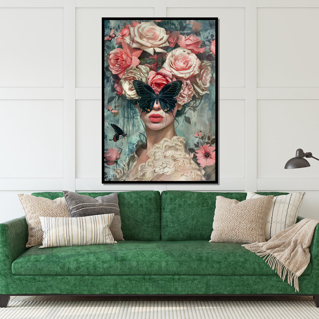 Butterfly Garden Muse, Floral Art, Face Hidden by Butterfly, Modern Art Canvas, Wall Decor, Framed Canvas, Ready to Hang Decoration