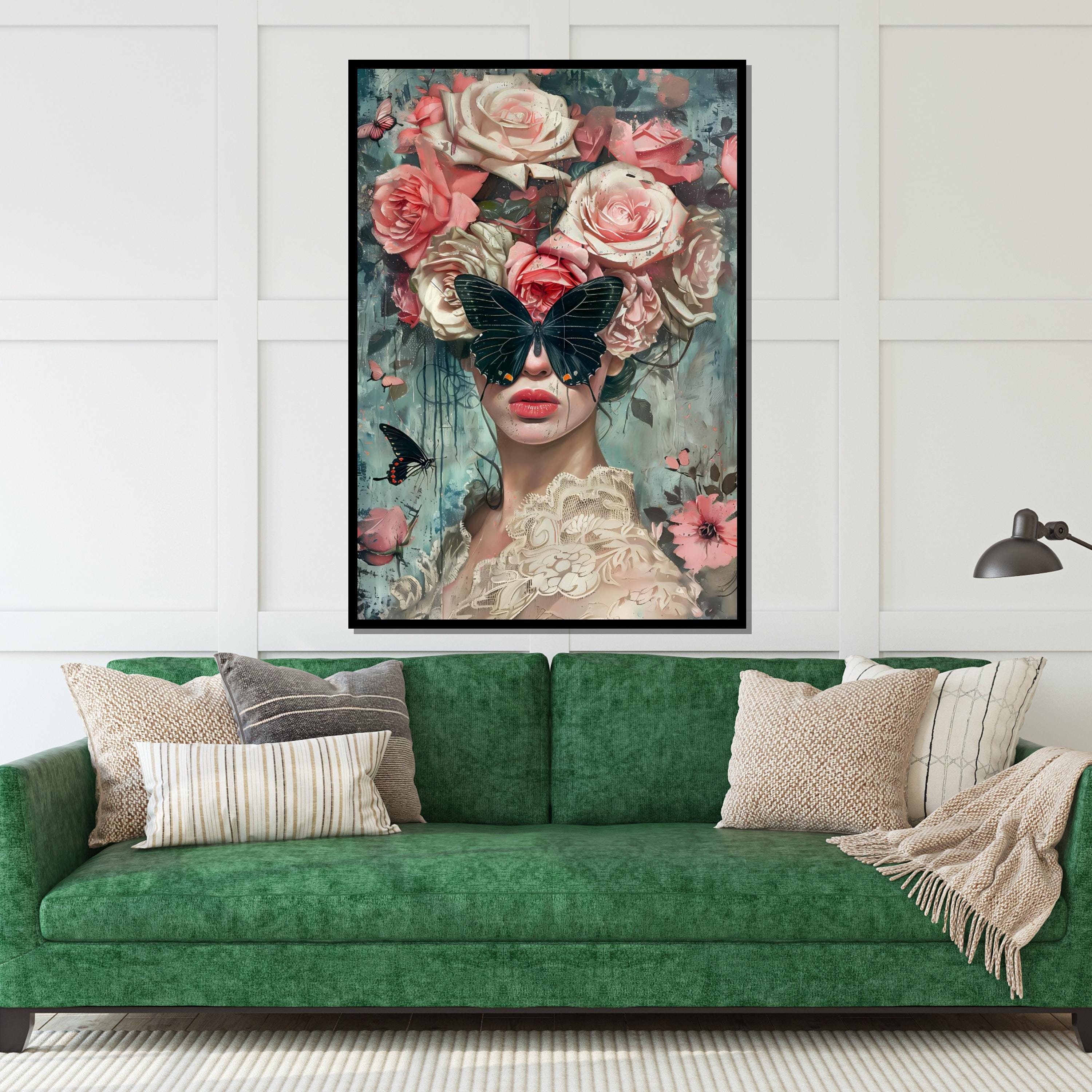Butterfly Garden Muse, Floral Art, Face Hidden by Butterfly, Modern Art Canvas, Wall Decor, Framed Canvas, Ready to Hang Decoration