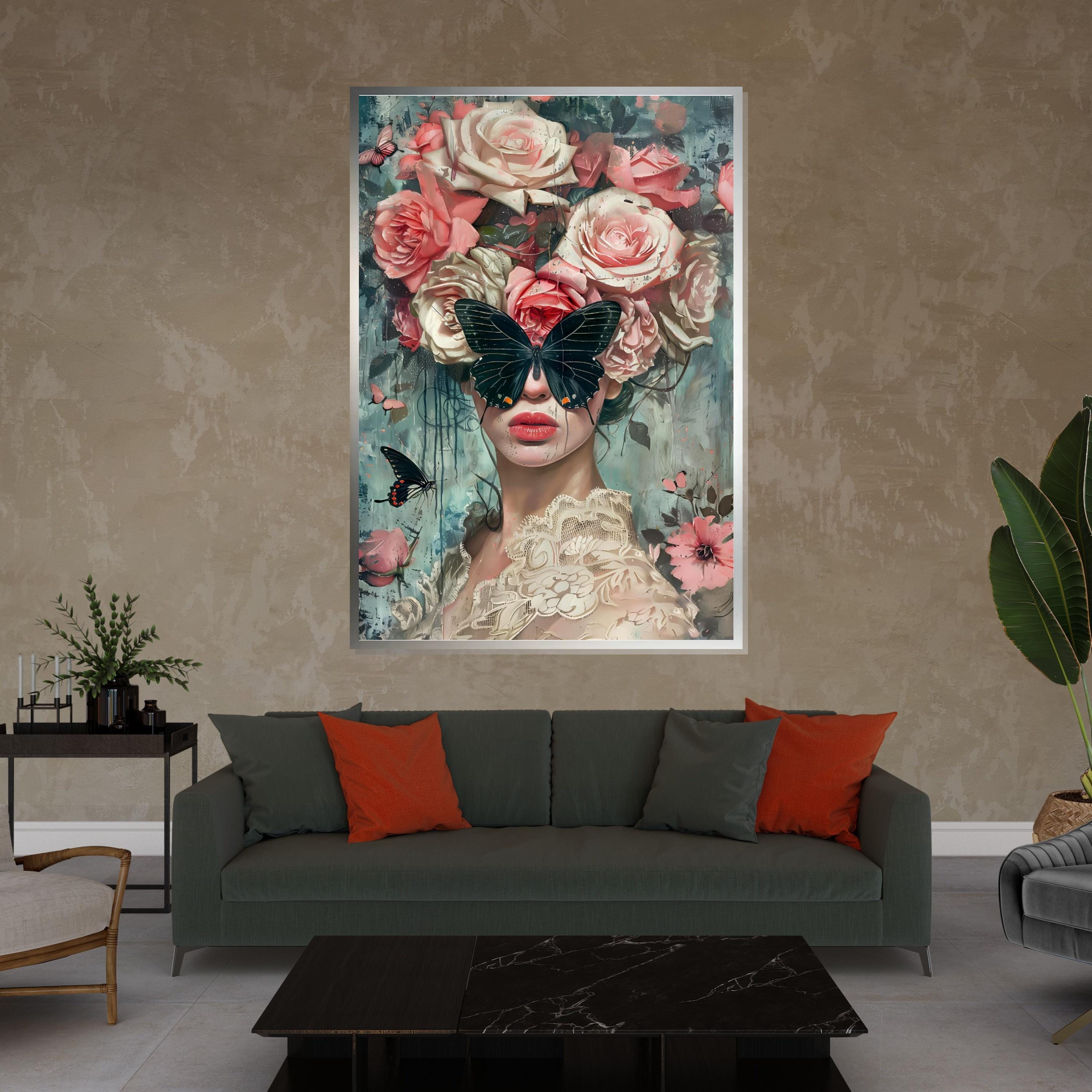 Butterfly Garden Muse, Floral Art, Face Hidden by Butterfly, Modern Art Canvas, Wall Decor, Framed Canvas, Ready to Hang Decoration