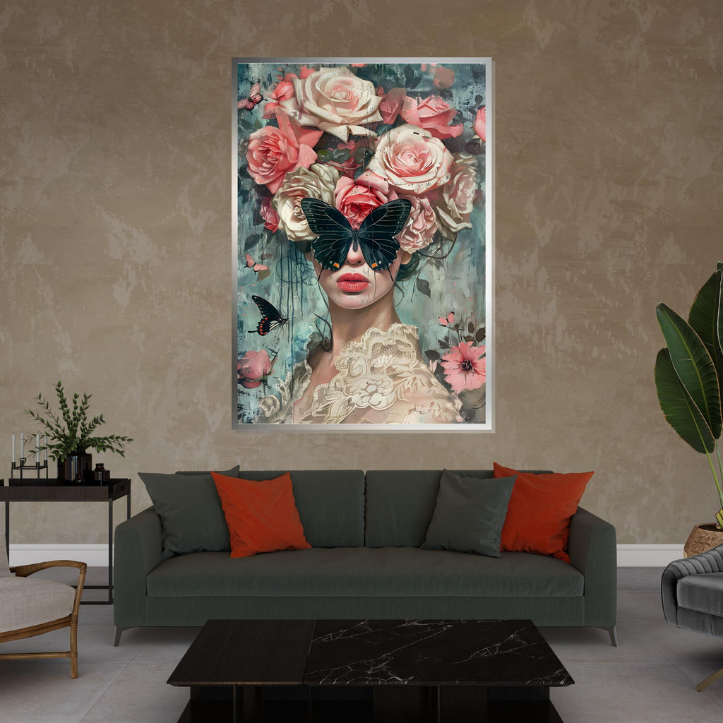 Butterfly Garden Muse, Floral Art, Face Hidden by Butterfly, Modern Art Canvas, Wall Decor, Framed Canvas, Ready to Hang Decoration