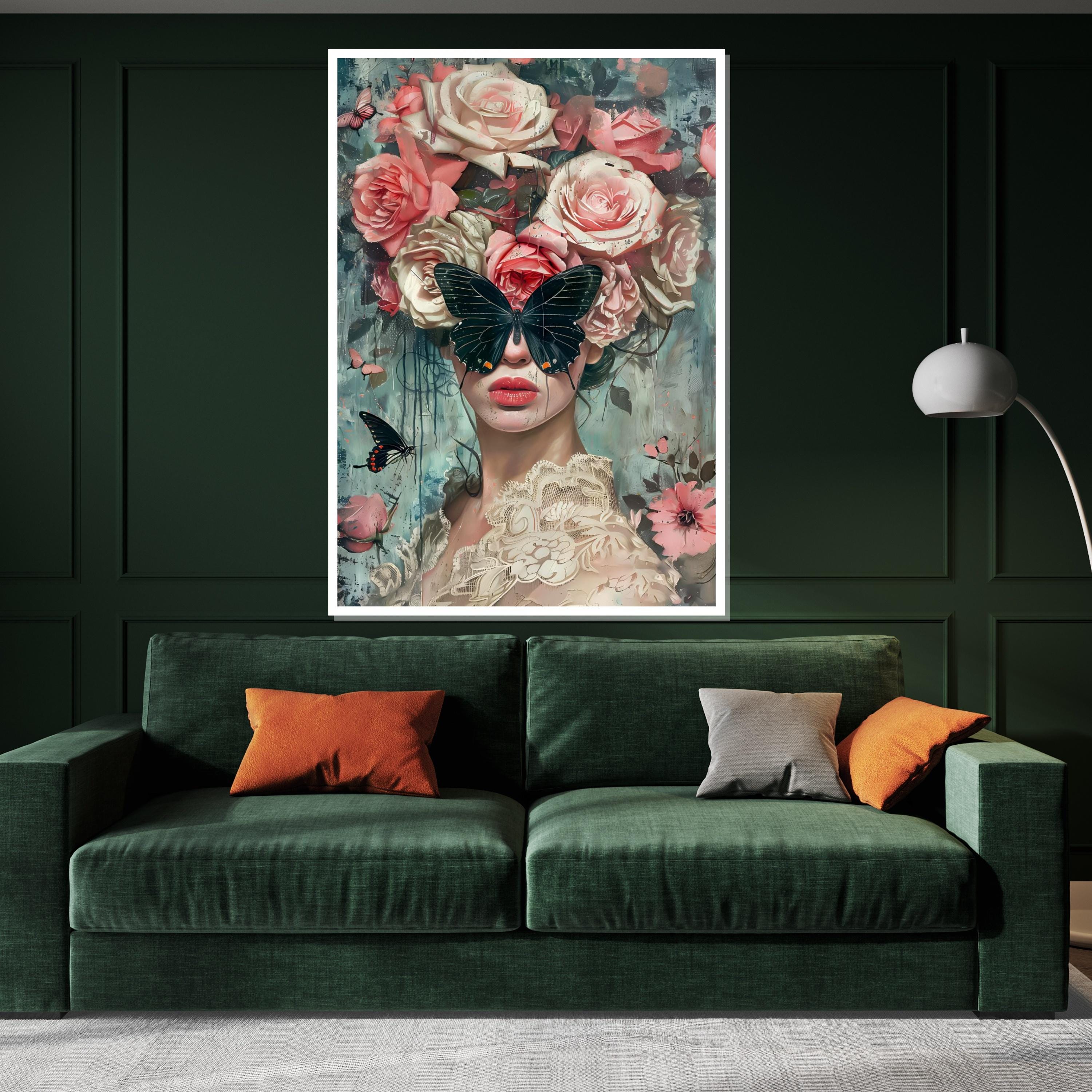 Butterfly Garden Muse, Floral Art, Face Hidden by Butterfly, Modern Art Canvas, Wall Decor, Framed Canvas, Ready to Hang Decoration