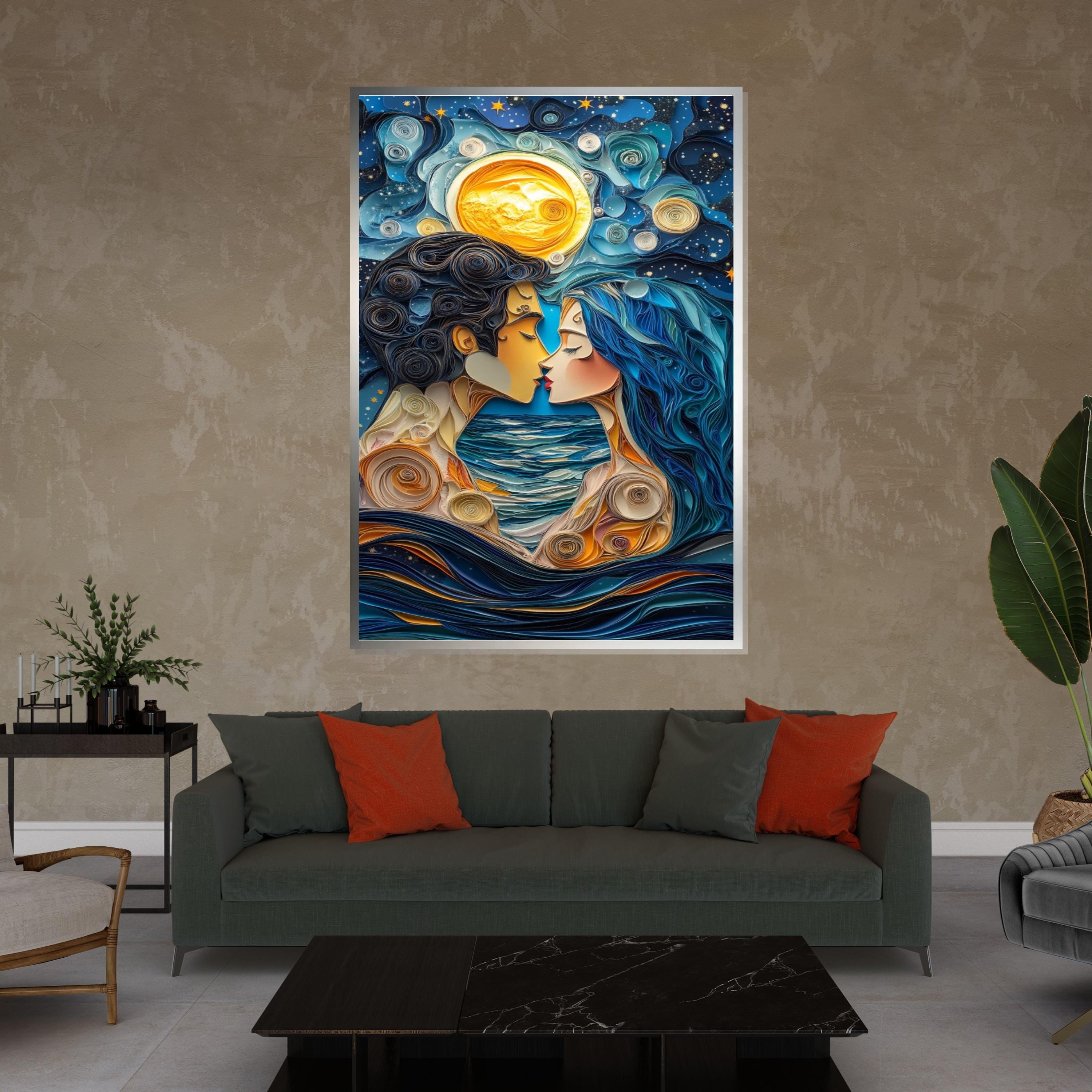 Moonlit Lovers Canvas, Romantic Night Art, Couple Wall Art, Quirky Love Print, Ocean Romance Decor, Wall Art Canvas Design, Ready to Hang
