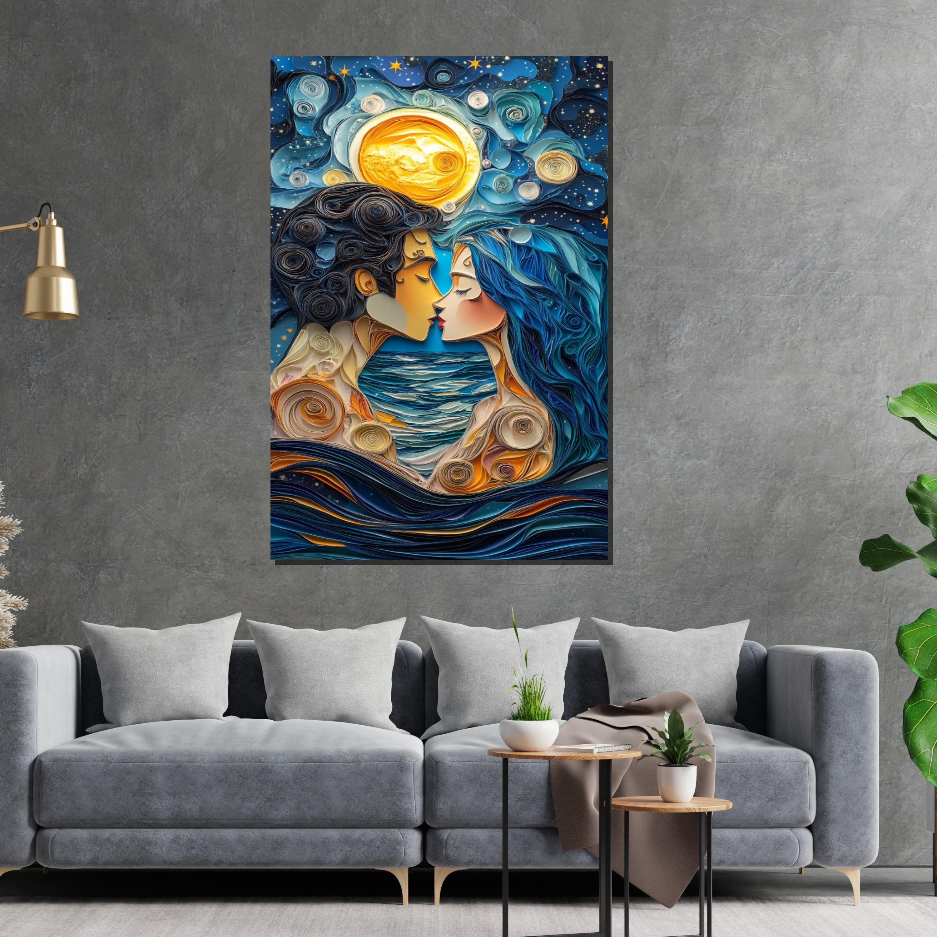 Moonlit Lovers Canvas, Romantic Night Art, Couple Wall Art, Quirky Love Print, Ocean Romance Decor, Wall Art Canvas Design, Ready to Hang