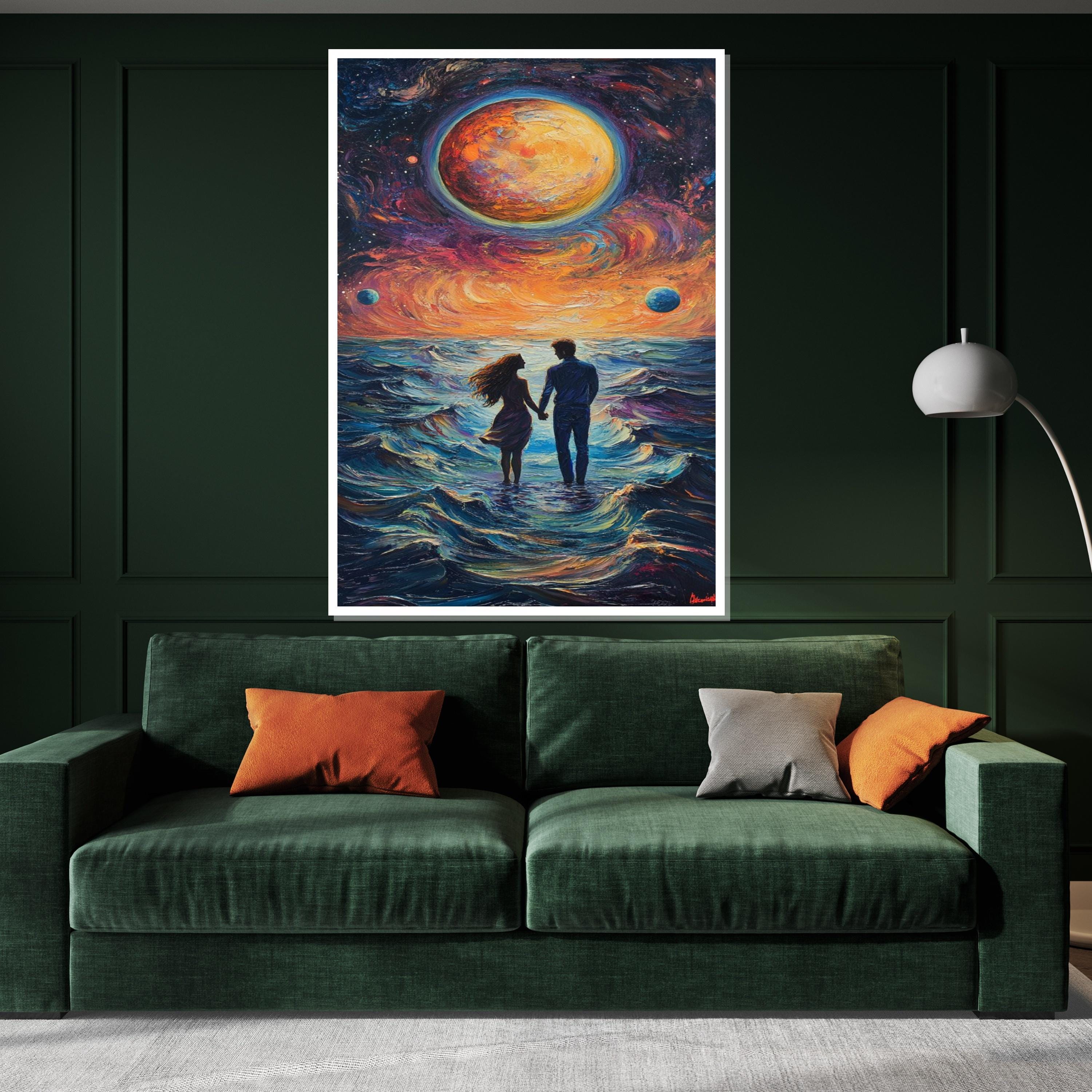 Eternal Sunset Lovers Canvas, Romantic Ocean Walk Art, Cosmic Couple Wall Print, Wall Art Canvas Design, Ready to Hang Decoration