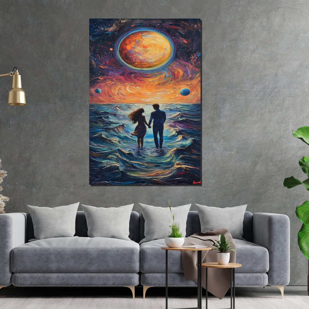 Eternal Sunset Lovers Canvas, Romantic Ocean Walk Art, Cosmic Couple Wall Print, Wall Art Canvas Design, Ready to Hang Decoration