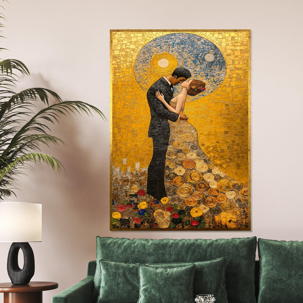 Romantic Embrace Canvas, Mosaic Couple Wall Art, Golden Love, Romantic Wall Print, Wall Art Canvas Design, Ready to Hang Decoration
