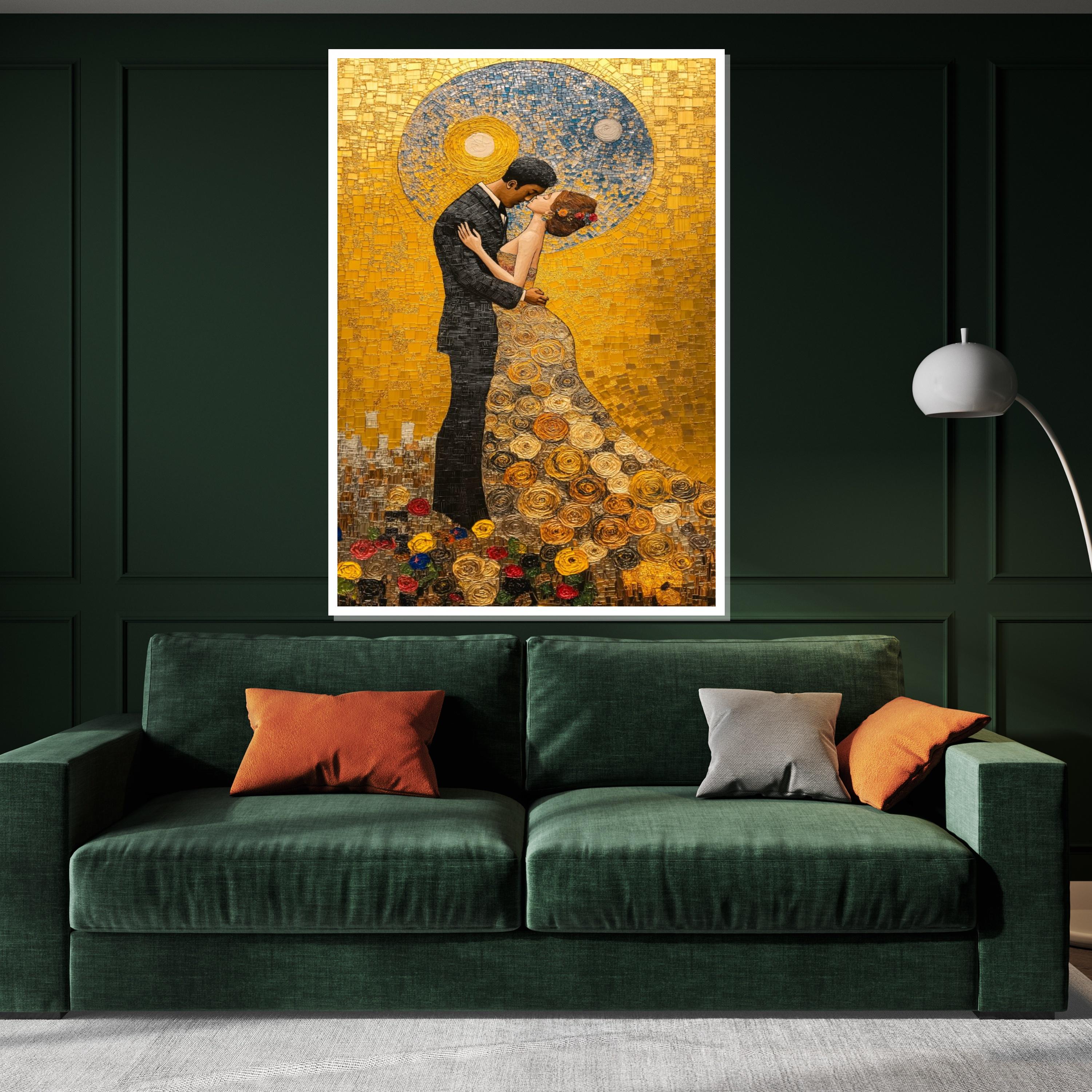 Romantic Embrace Canvas, Mosaic Couple Wall Art, Golden Love, Romantic Wall Print, Wall Art Canvas Design, Ready to Hang Decoration