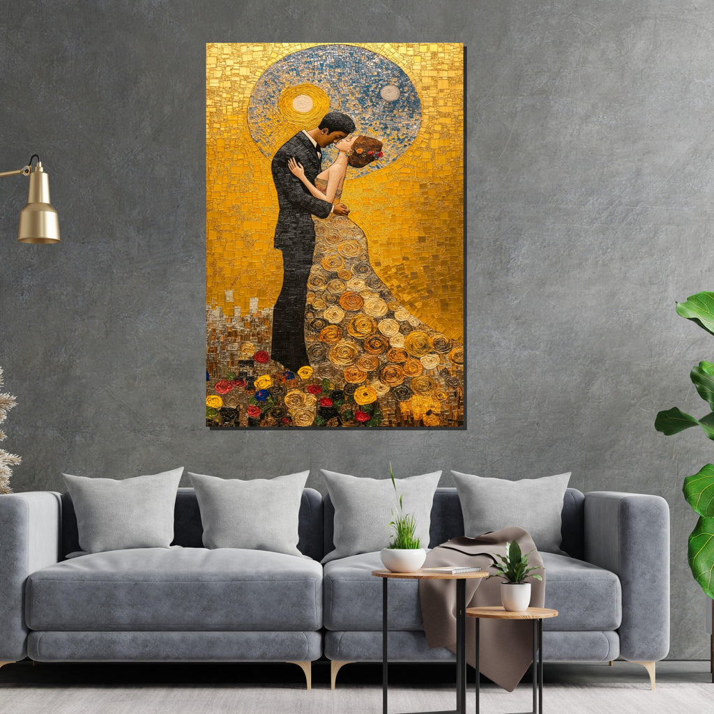 Romantic Embrace Canvas, Mosaic Couple Wall Art, Golden Love, Romantic Wall Print, Wall Art Canvas Design, Ready to Hang Decoration