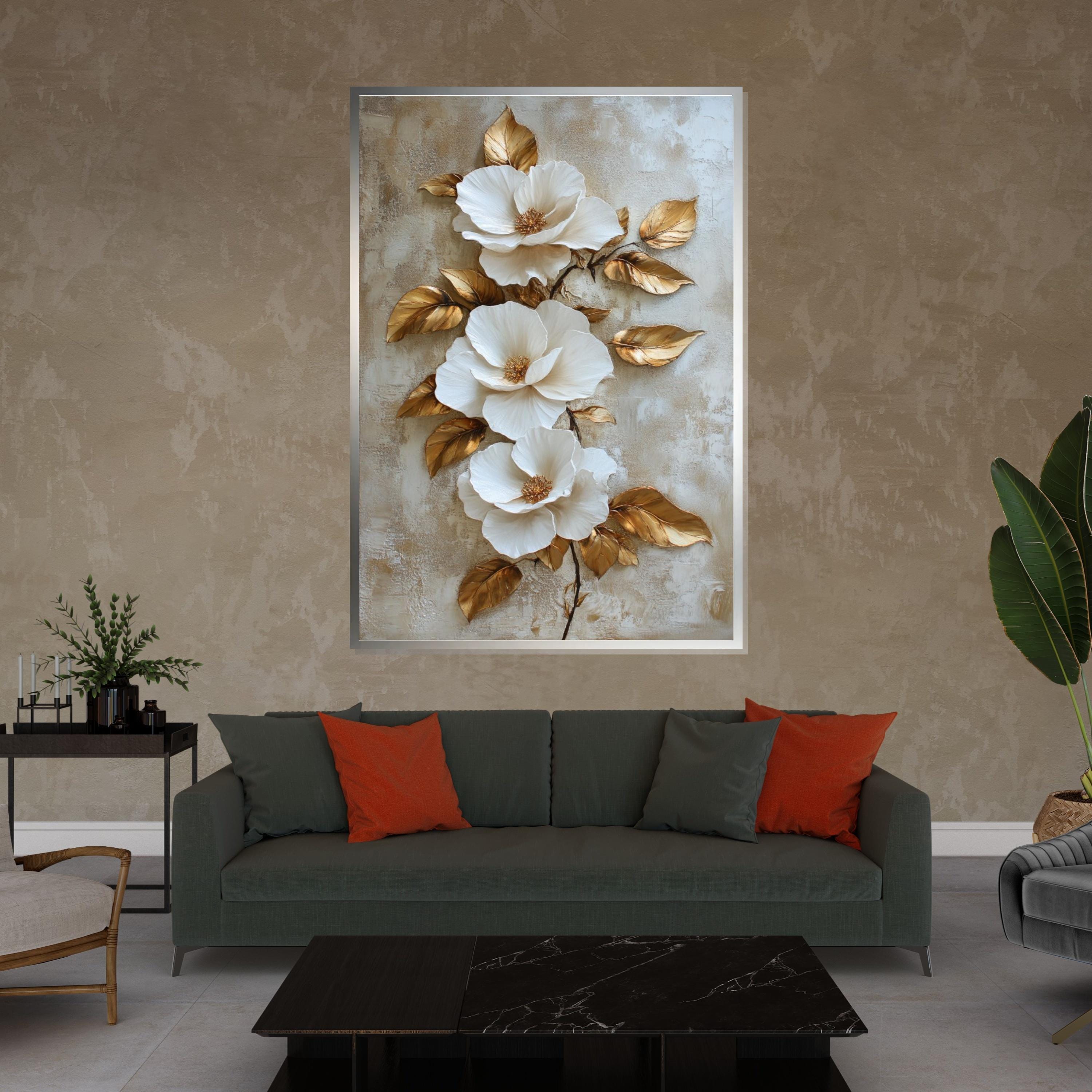 White Floral Elegance Canvas, Gold Leaf Flower Art, Botanical Wall Art Canvas Design, Ready to Hang Decoration, Flower Wall Print