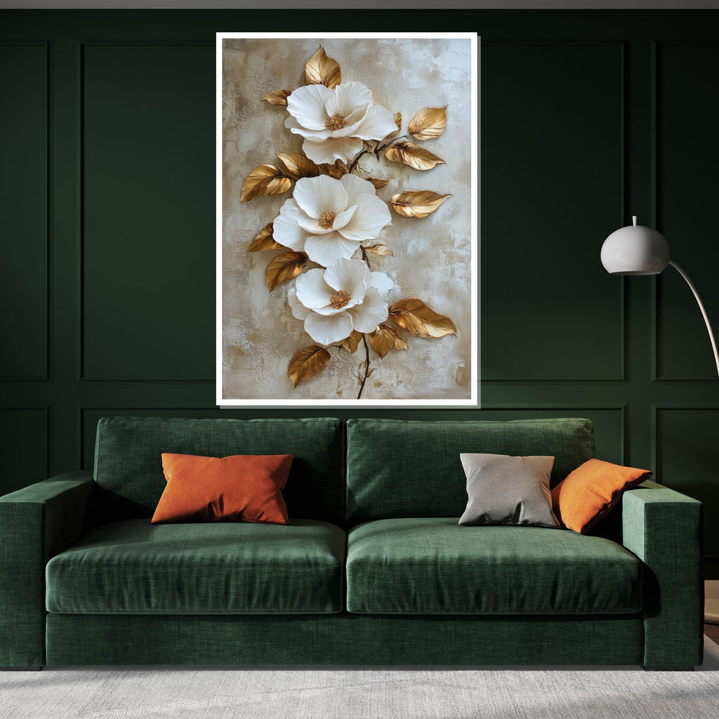 White Floral Elegance Canvas, Gold Leaf Flower Art, Botanical Wall Art Canvas Design, Ready to Hang Decoration, Flower Wall Print