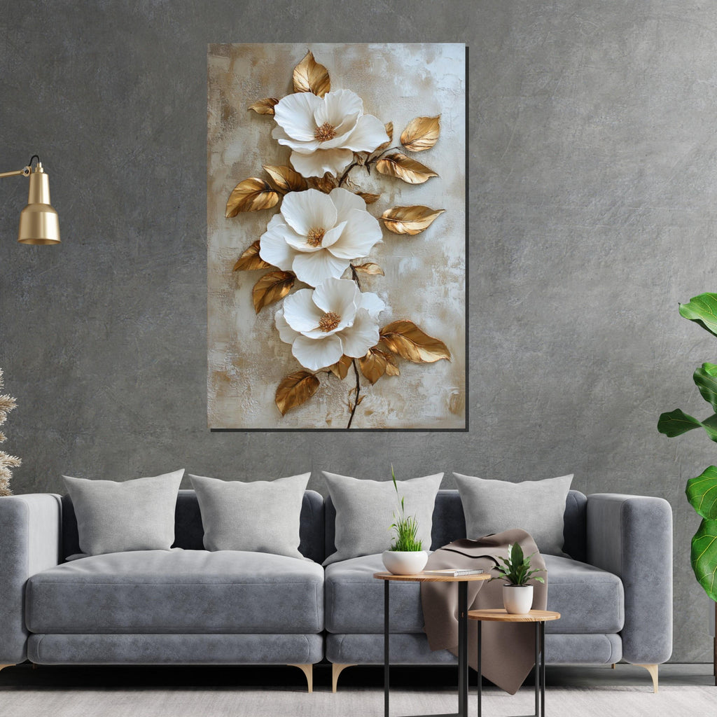 White Floral Elegance Canvas, Gold Leaf Flower Art, Botanical Wall Art Canvas Design, Ready to Hang Decoration, Flower Wall Print