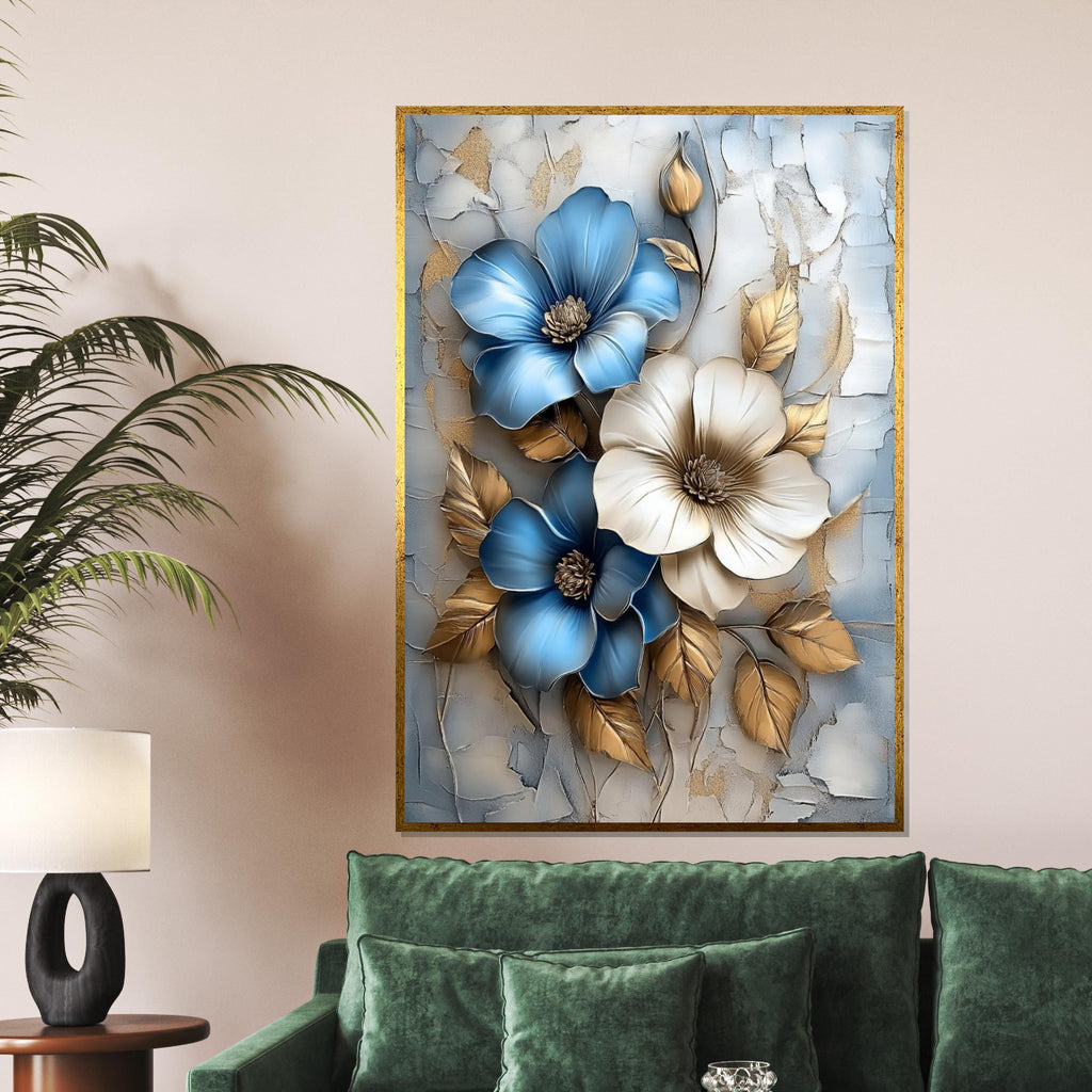 Blue Gold Flower Canvas, Floral Wall Art, Textured Bloom Art, Wall Art Canvas Design, Ready To Hang Decoration, Elegant Botanical Print