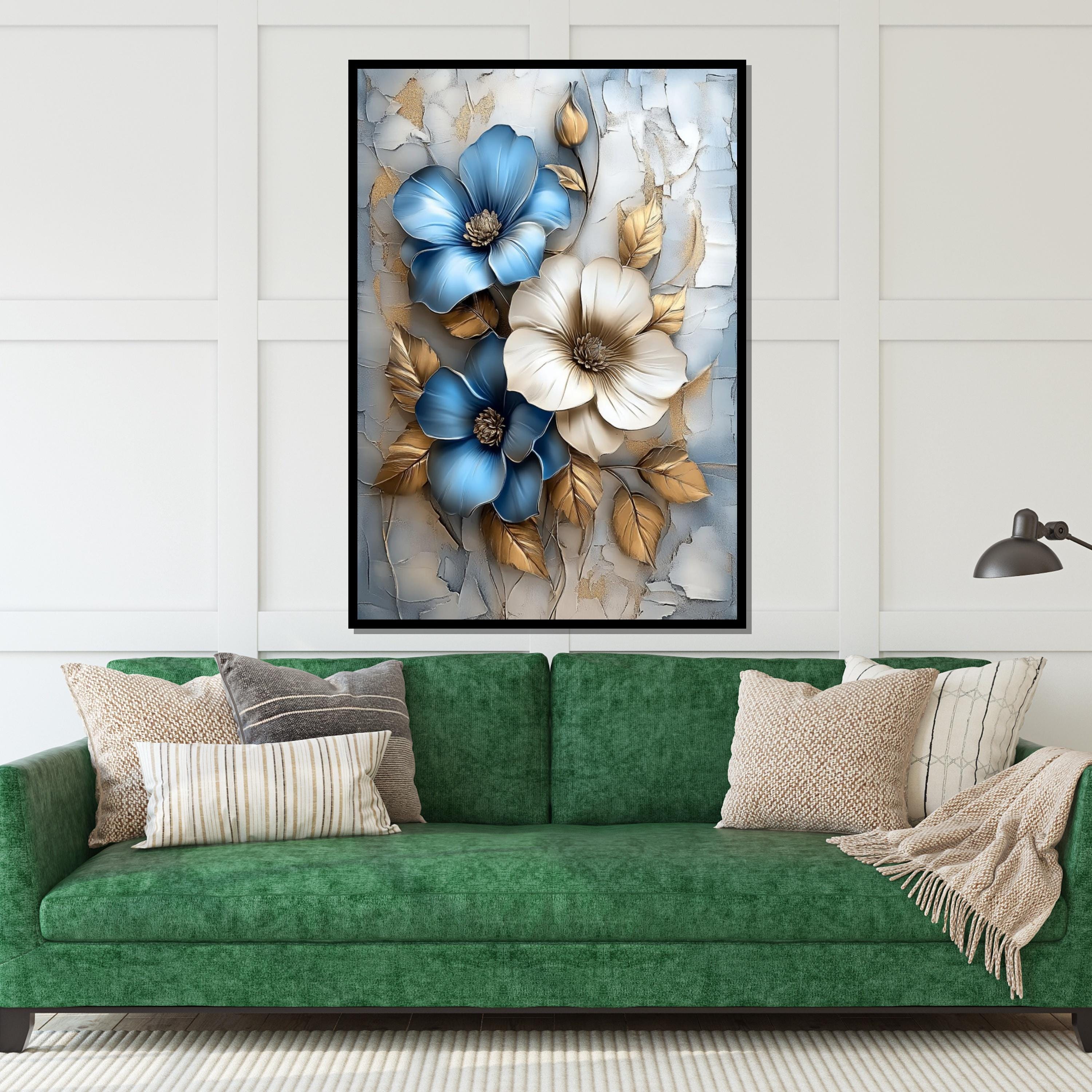 Blue Gold Flower Canvas, Floral Wall Art, Textured Bloom Art, Wall Art Canvas Design, Ready To Hang Decoration, Elegant Botanical Print