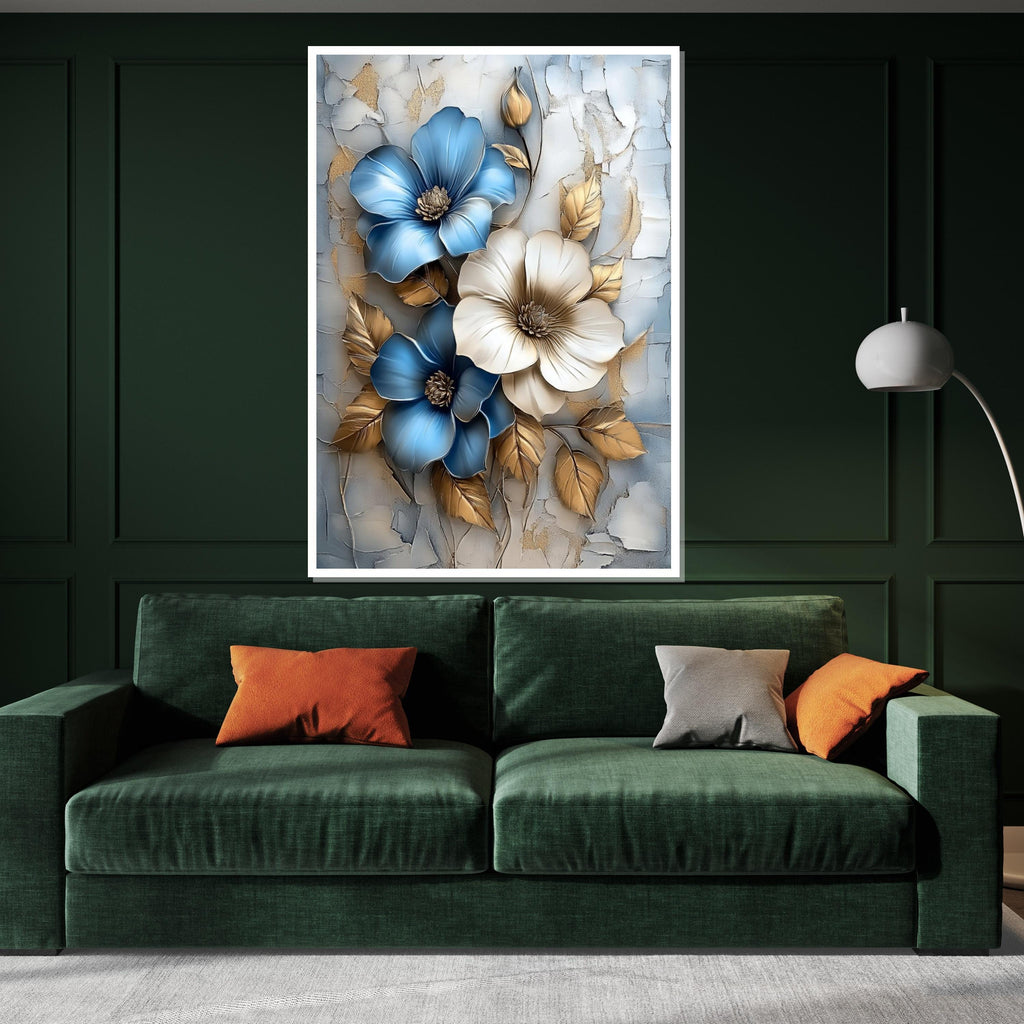 Blue Gold Flower Canvas, Floral Wall Art, Textured Bloom Art, Wall Art Canvas Design, Ready To Hang Decoration, Elegant Botanical Print