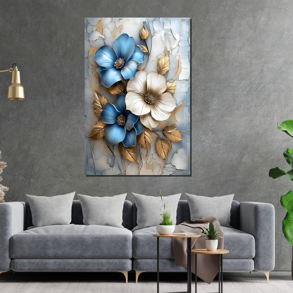 Blue Gold Flower Canvas, Floral Wall Art, Textured Bloom Art, Wall Art Canvas Design, Ready To Hang Decoration, Elegant Botanical Print