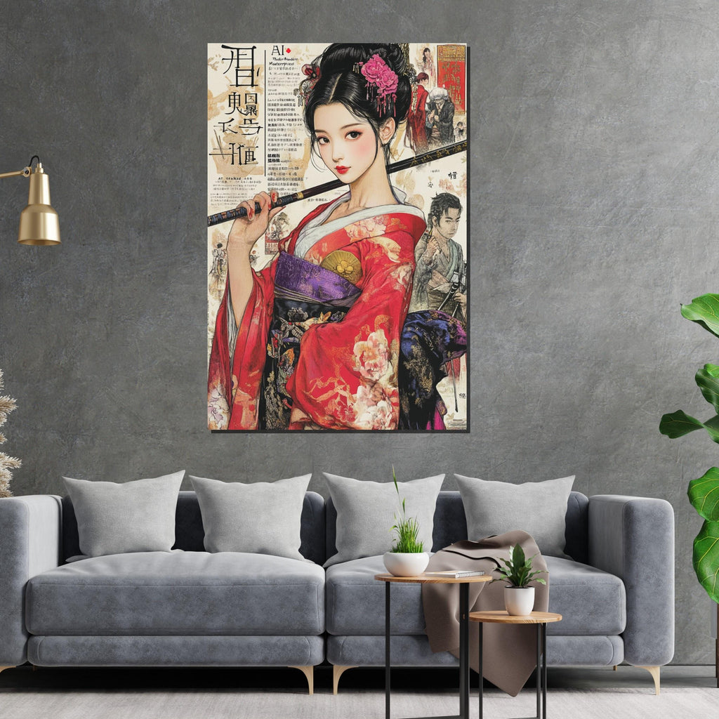 Geisha Elegance Canvas, Ethnic Wall Art, Japanese Kimono Lady Print, Artistic Wall Decor, Wall Art Canvas Design, Framed Art Ready to Hang
