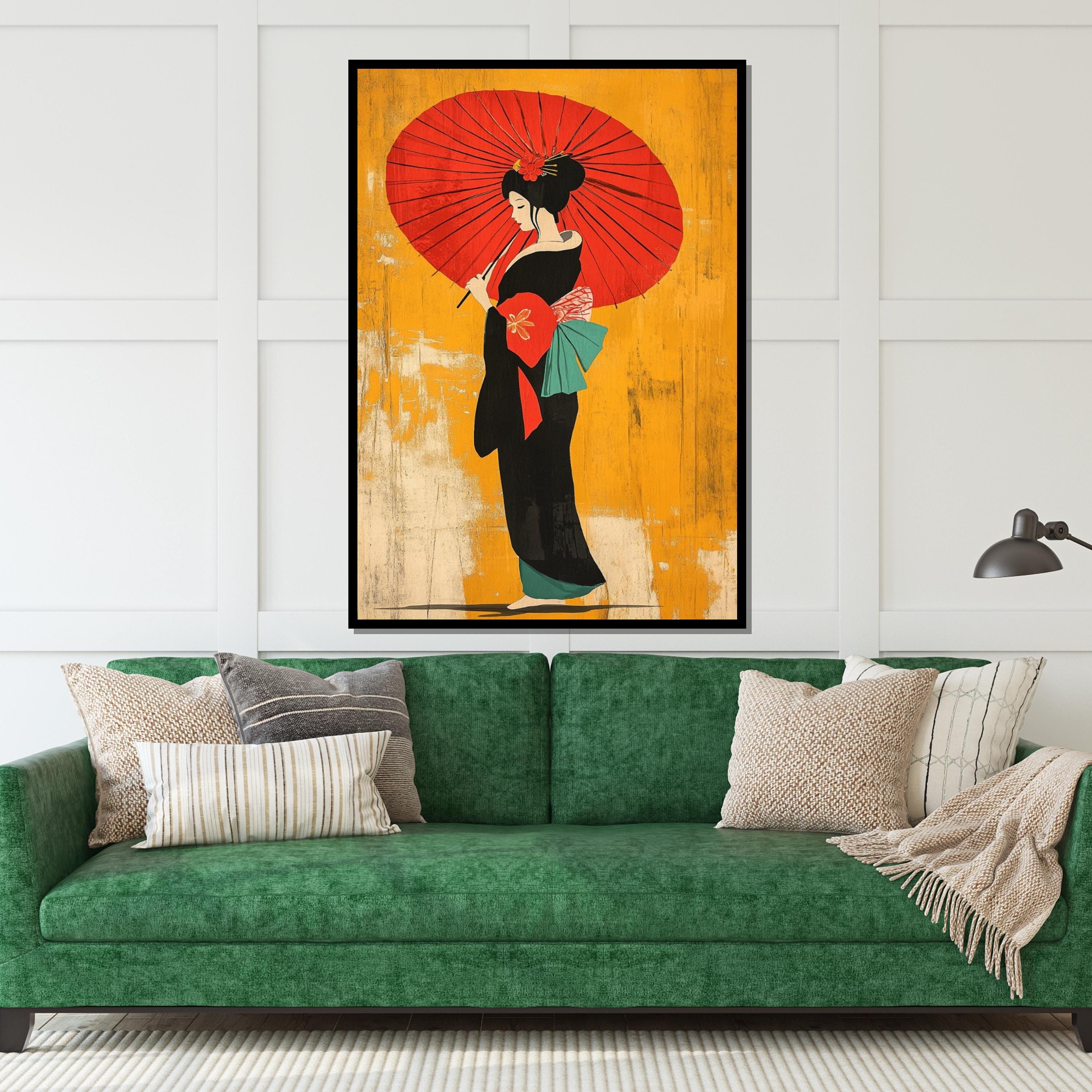 Geisha Elegance, Traditional Japanese Canvas Art, Cultural Wall Print, Woman with Umbrella Decor, Wall Art Canvas Design, Ready to Hang