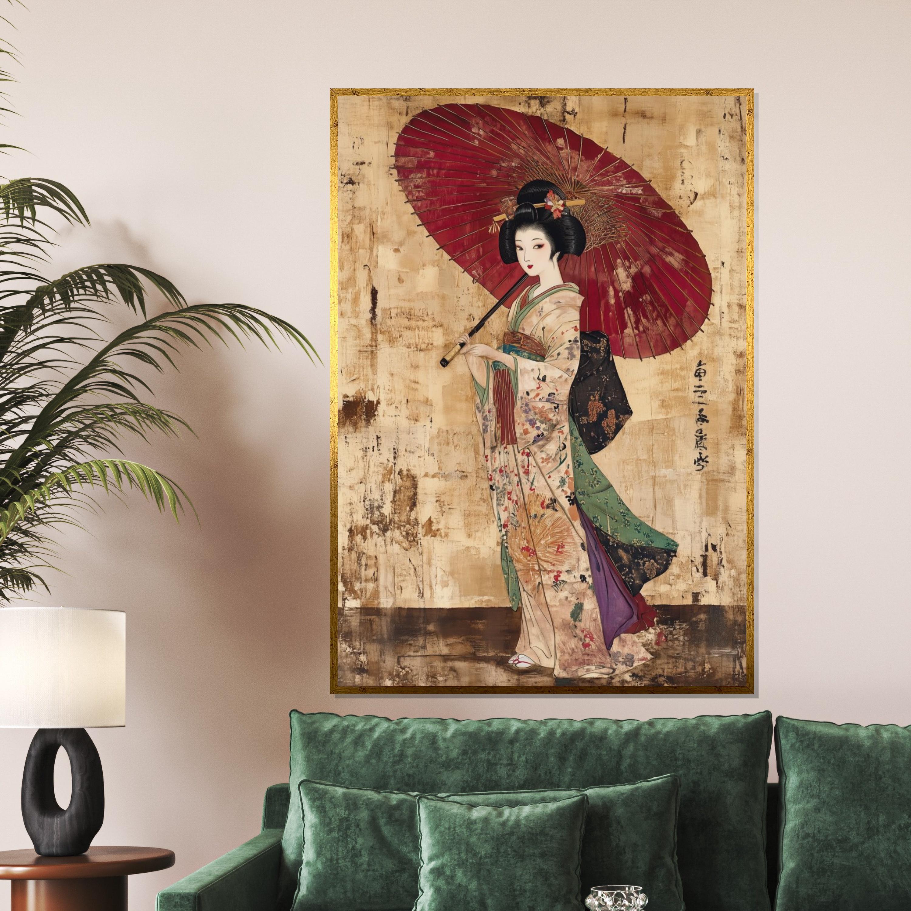 Geisha Umbrella Canvas, Traditional Art, Japanese Wall Art, Ethnic Framed Canvas, Wall Art Canvas Design, Ready to Hang Decoration