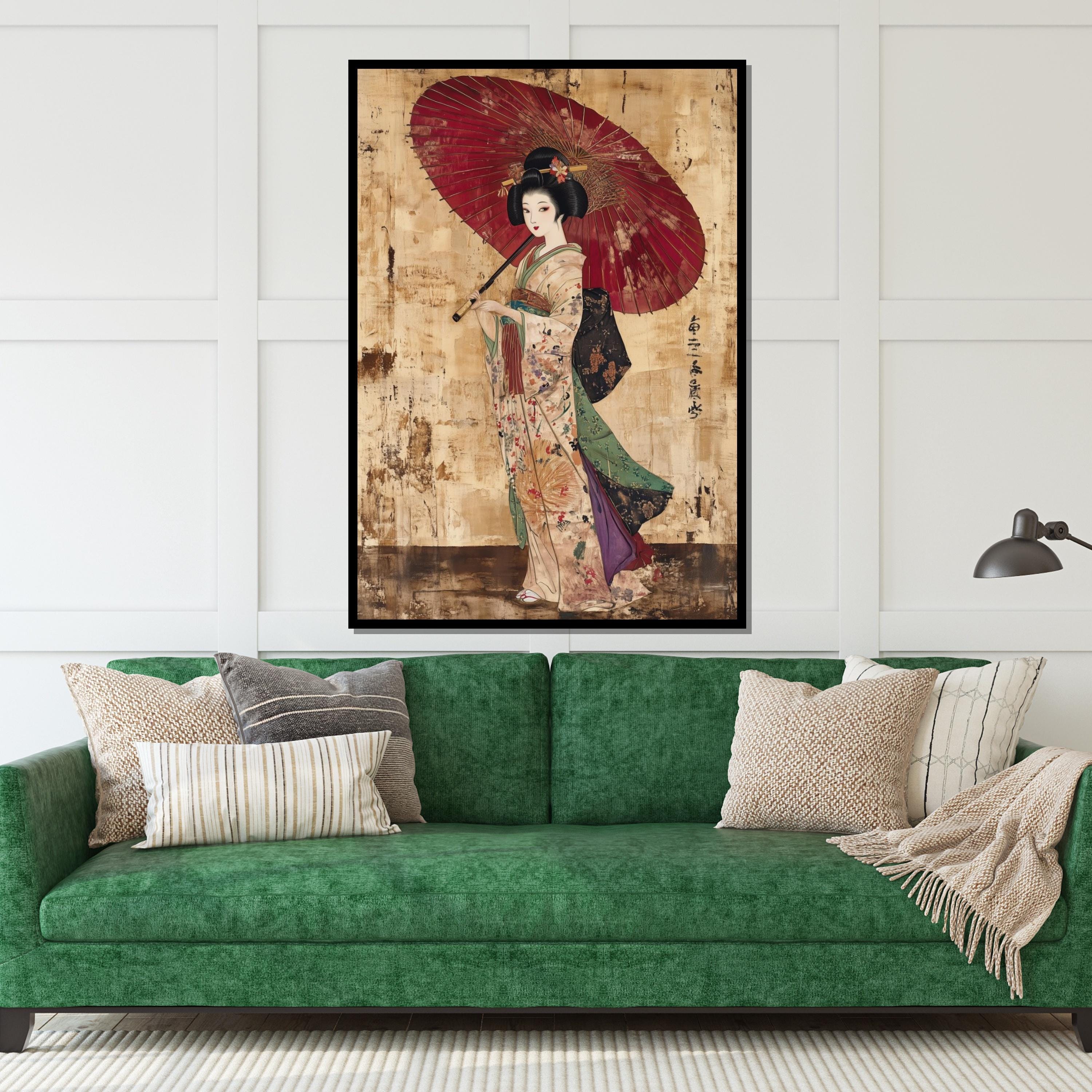 Geisha Umbrella Canvas, Traditional Art, Japanese Wall Art, Ethnic Framed Canvas, Wall Art Canvas Design, Ready to Hang Decoration