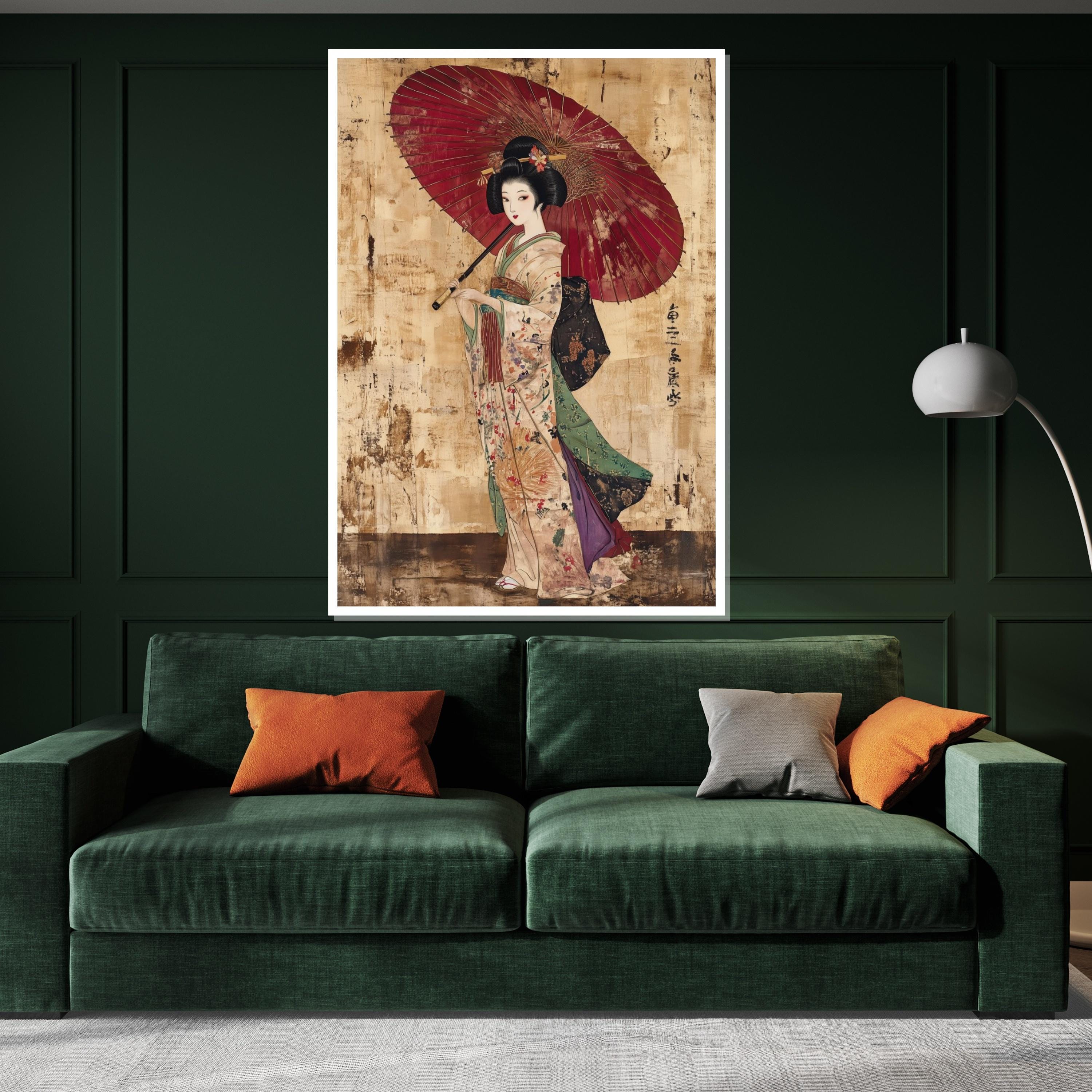 Geisha Umbrella Canvas, Traditional Art, Japanese Wall Art, Ethnic Framed Canvas, Wall Art Canvas Design, Ready to Hang Decoration