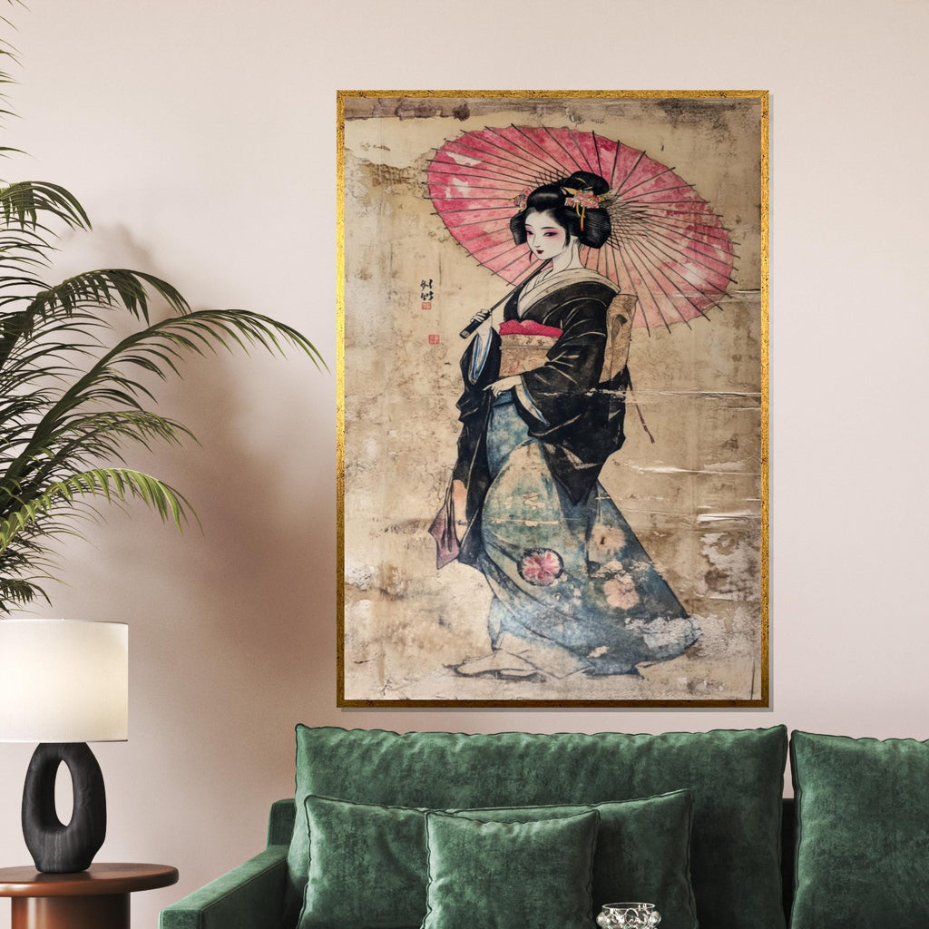 Geisha Umbrella Canvas Art, Japanese Wall Decor, Ethnic Wall Art, Asian Culture Poster, Framed Canvas, Ready to Hang Decoration