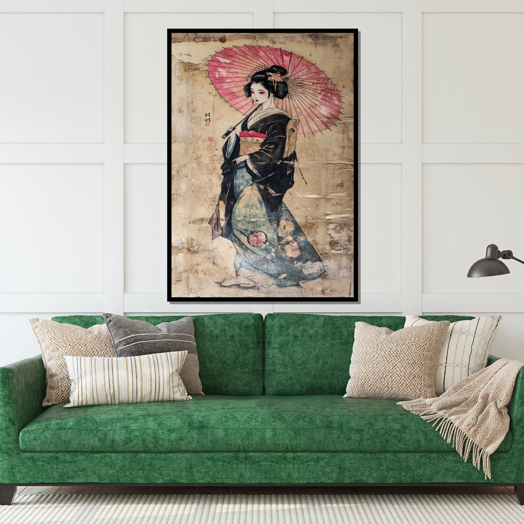 Geisha Umbrella Canvas Art, Japanese Wall Decor, Ethnic Wall Art, Asian Culture Poster, Framed Canvas, Ready to Hang Decoration