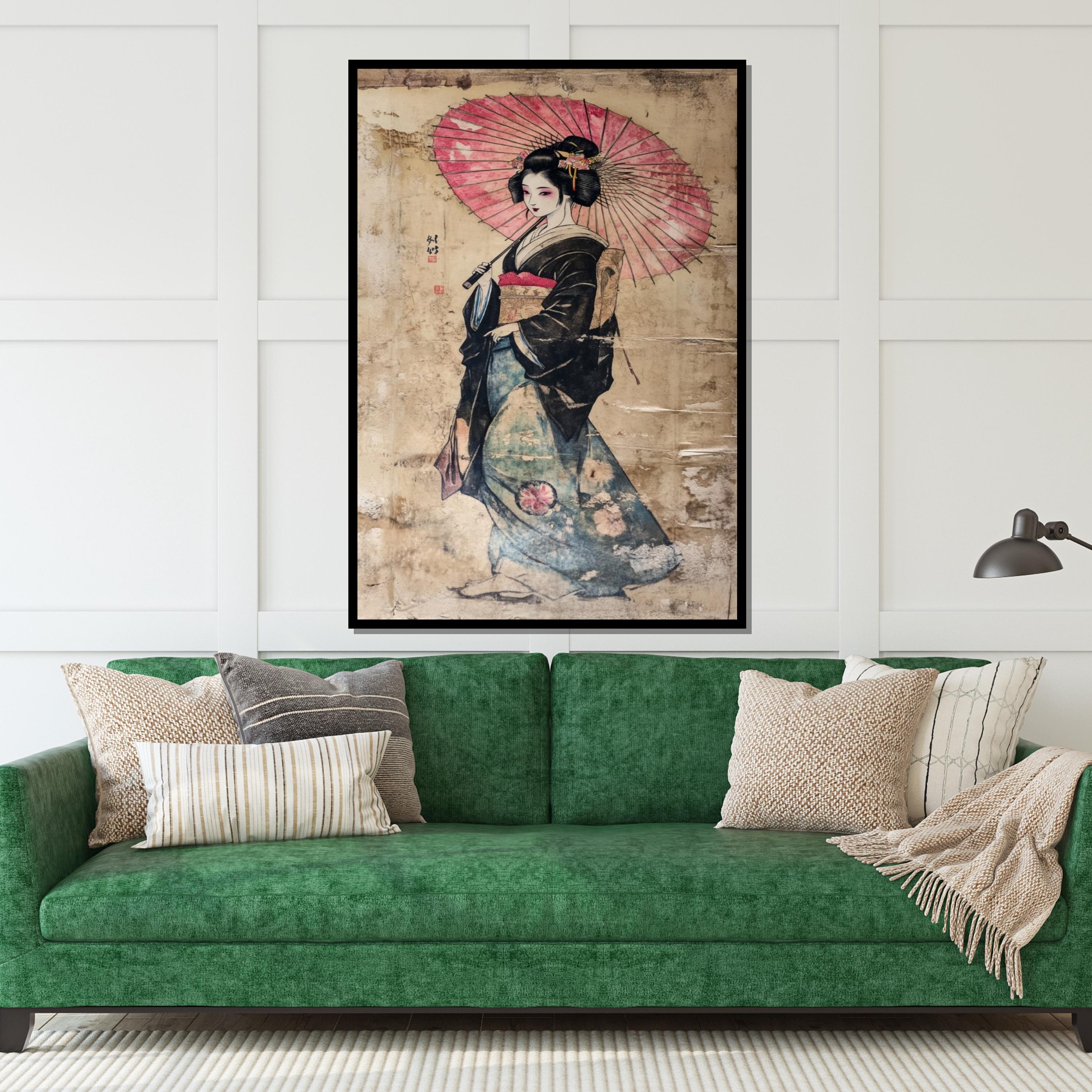 Geisha Umbrella Canvas Art, Japanese Wall Decor, Ethnic Wall Art, Asian Culture Poster, Framed Canvas, Ready to Hang Decoration