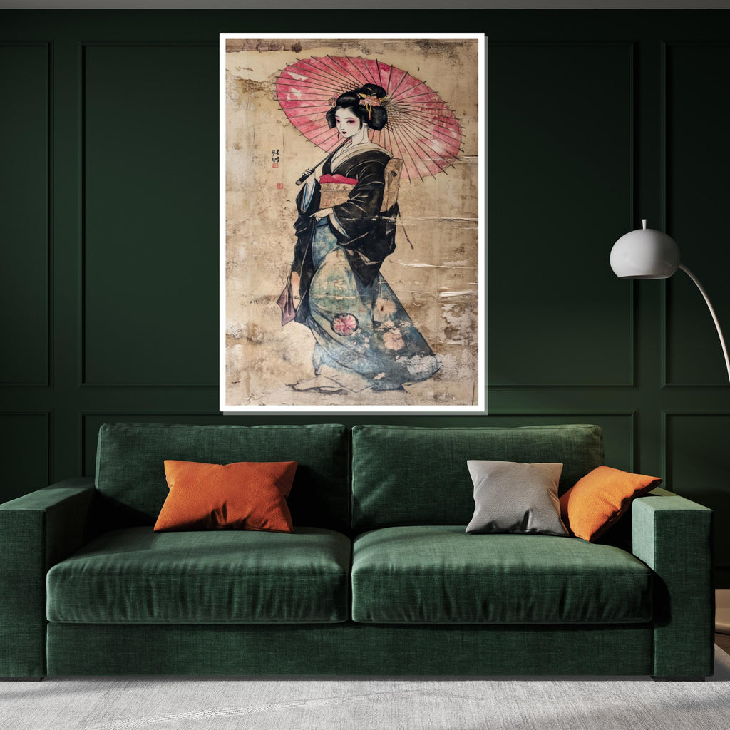 Geisha Umbrella Canvas Art, Japanese Wall Decor, Ethnic Wall Art, Asian Culture Poster, Framed Canvas, Ready to Hang Decoration