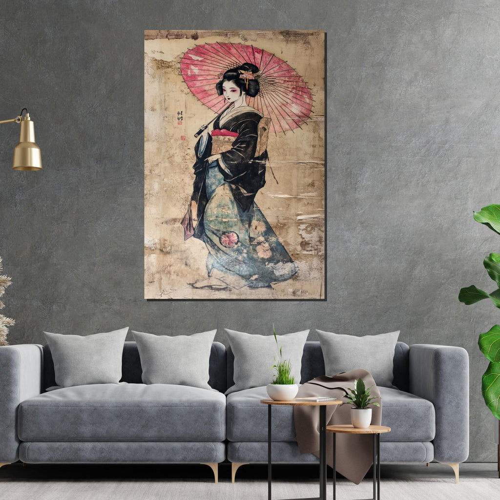 Geisha Umbrella Canvas Art, Japanese Wall Decor, Ethnic Wall Art, Asian Culture Poster, Framed Canvas, Ready to Hang Decoration