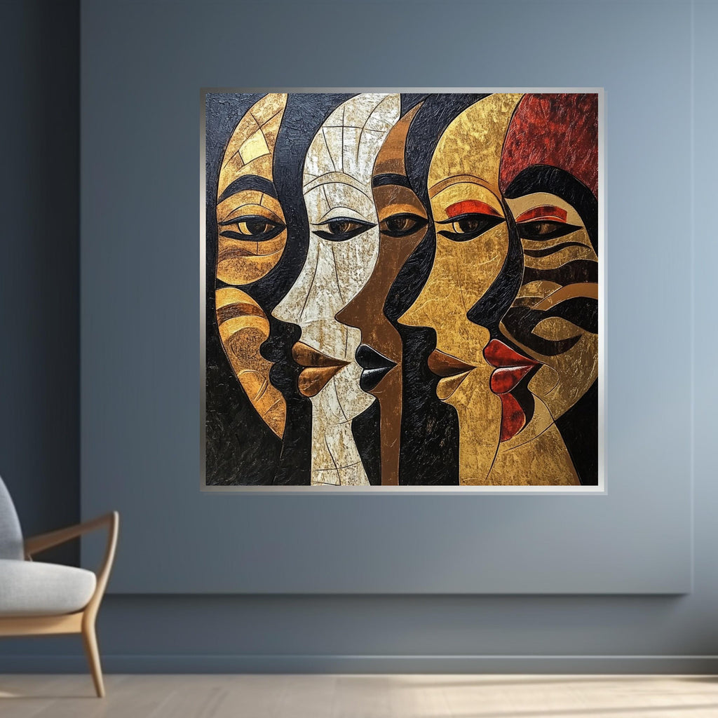 Abstract Faces Canvas, Ethnic Wall Art, Multicolor Faces Print, Modern Art Canvas Design, Framed Wall Art, Ready to Hang Decoration